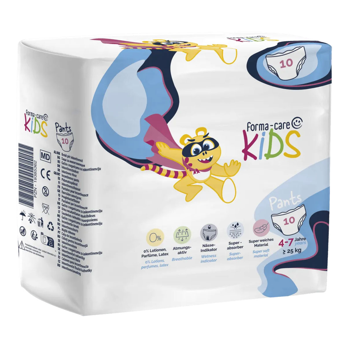 Eine Verpackung für Kinderhosen von forma-care mit bunten Grafiken eines lustigen Charakters. Die Packung enthält 10 Hosen für Kinder von 4 bis 7 Jahren, bis 25 kg.