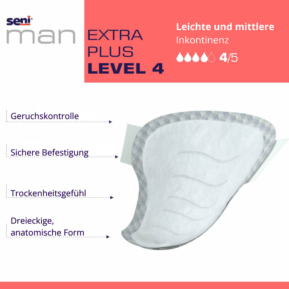 Seni Man Extra Plus Level 4 ist eine anatomisch geformte Inkontinenzunterlage. Sie bietet Geruchskontrolle, Sicherheit, Trockenheitsgefühl und hat eine dreieckige Form. Es wird leichte bis mittlere Inkontinenz angezeigt.