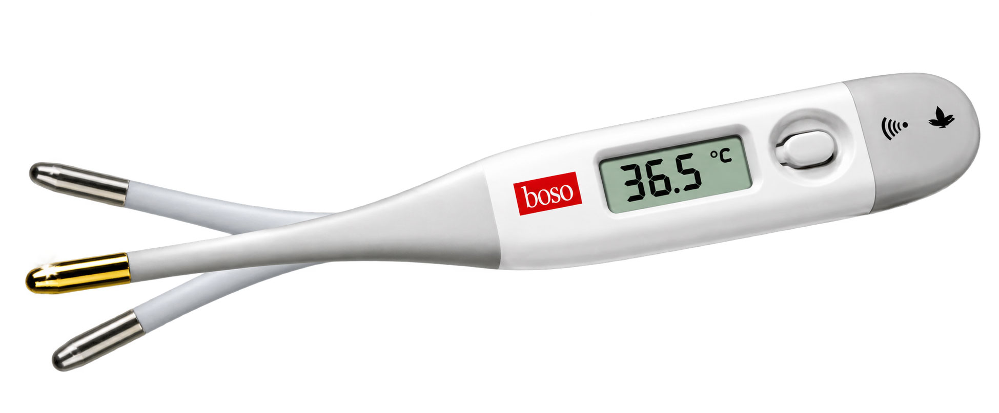 Ein digitales Thermometer mit einer Anzeige von 36,5 °C. Es hat zwei Therapiespitzen – eine goldene und eine silberne – sowie einen weißen Körper. Der Markenname -boso- ist sichtbar.