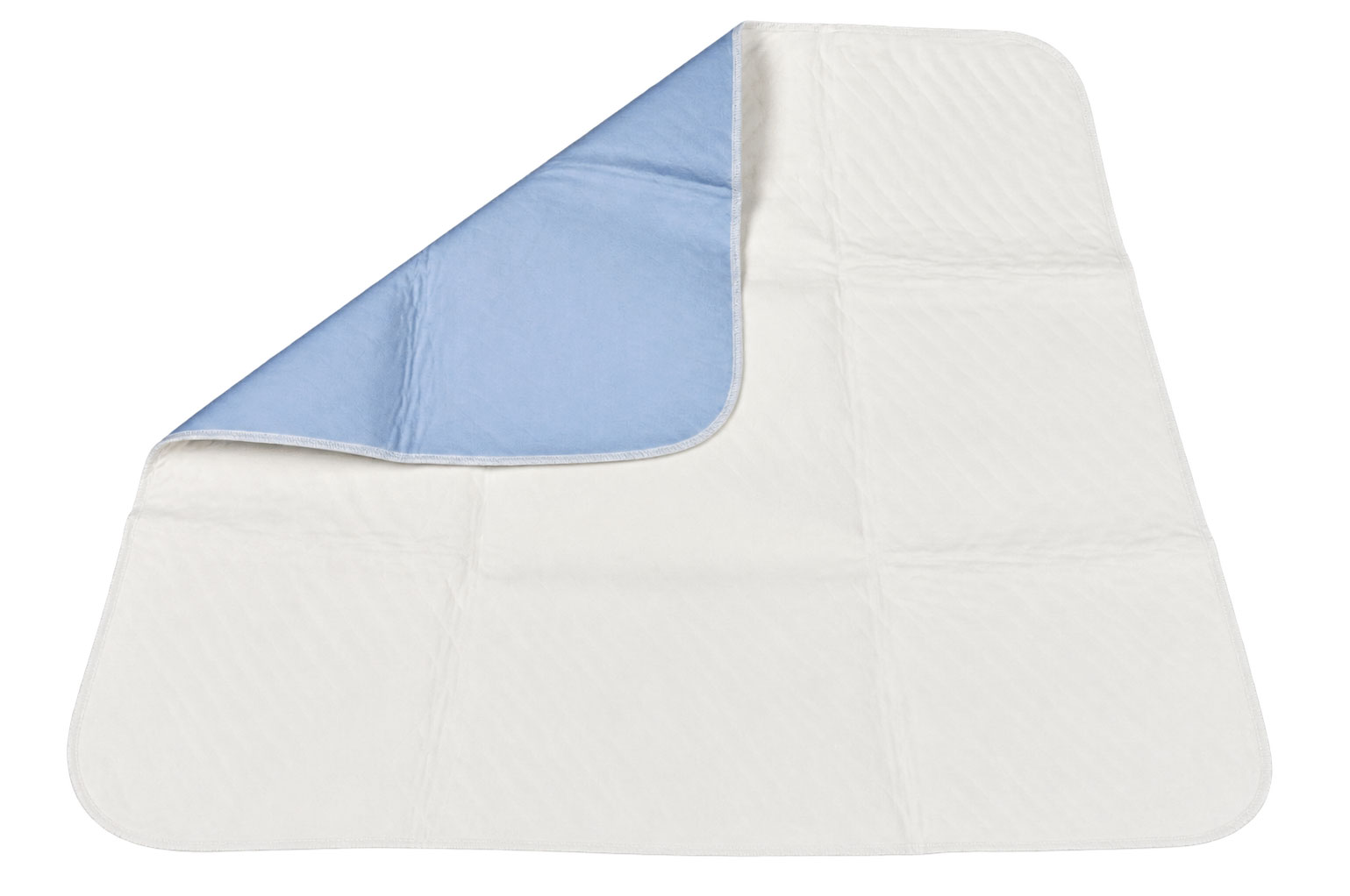 Ein wasserdichter Schutzunterlage mit einer blauen Oberseite und einer weißen Unterseite. Die Unterlage hat eine quadratische Form und ist in einem gepflegten Zustand mit sichtbaren Nähten.
