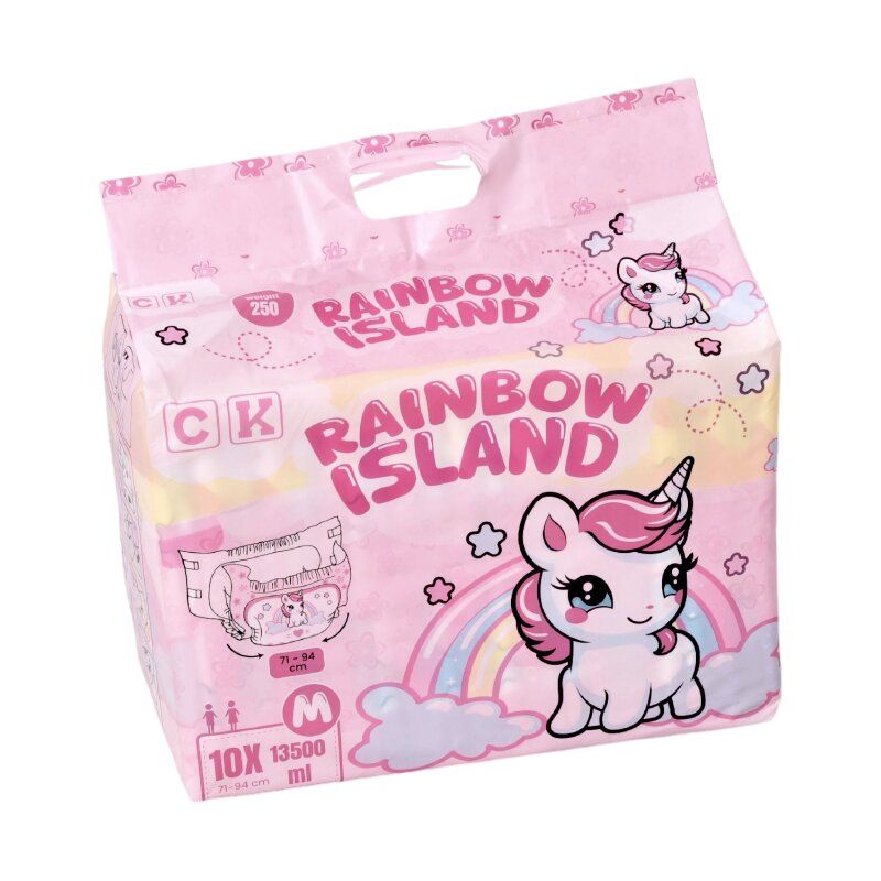 Eine pinke Verpackung für Windeln mit dem Namen -RAINBOW ISLAND-. Abgebildet sind ein niedliches Einhorn und Regenbogen. Die Verpackung enthält 10 Windeln in Größe M, für einen Umfang von 71-94 cm.
