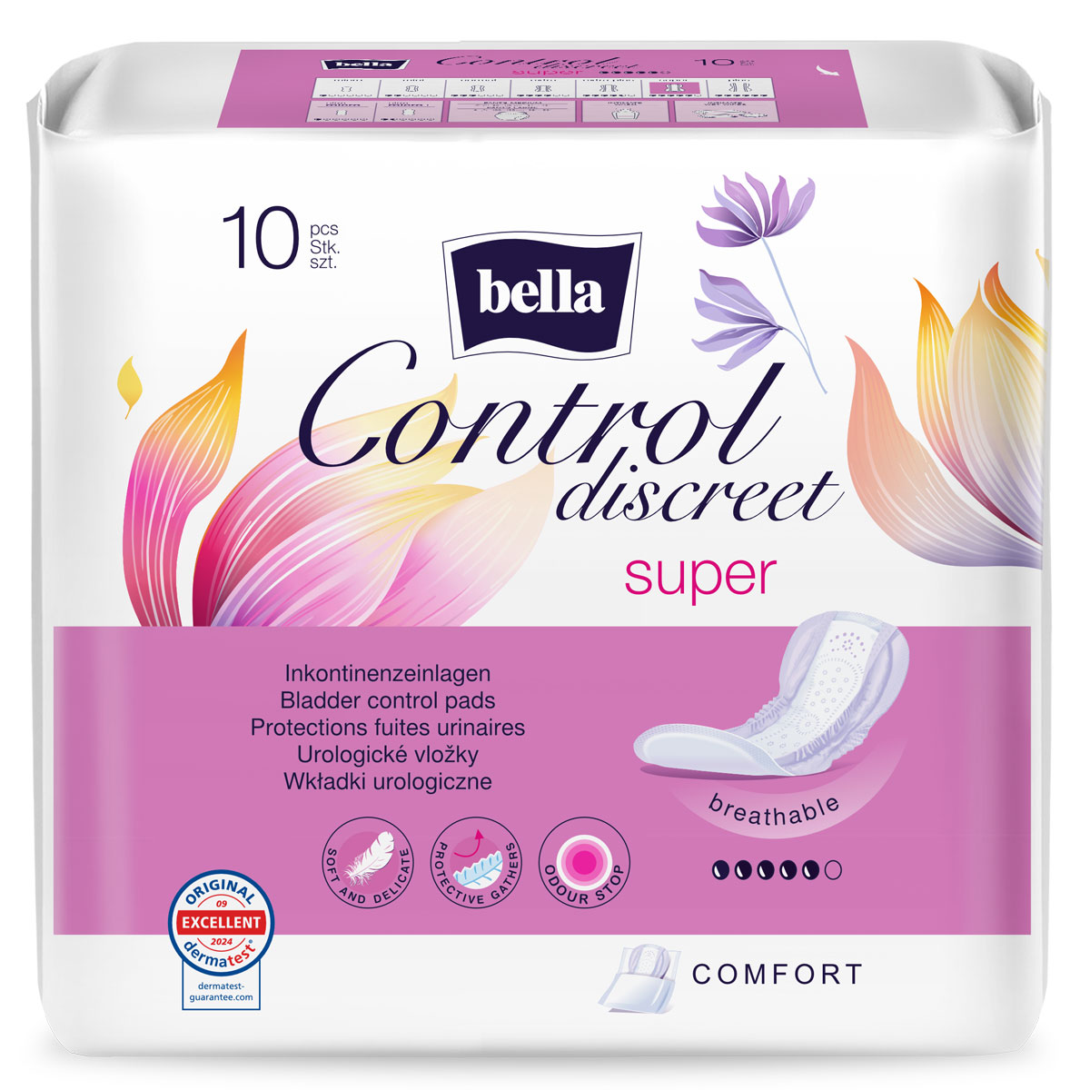 Inkontinenzeinlagen der Marke Bella, verpackt in einer weißen Tüte mit bunten, blühenden Designs. Sichtbar sind Hinweise wie -super-, -comfort- und verschiedene Icons für Eigenschaften wie -Schutzvorlagen- und -Geruchsstopp-.