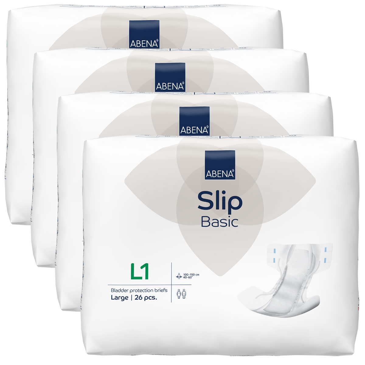 Fünf Verpackungen mit Inkontinenzprodukten sind gestapelt. Jede Packung zeigt das Logo und die Bezeichnung -ABENA Slip Basic-, Größe L1, mit 26 Stück und für Männer und Frauen geeignet.