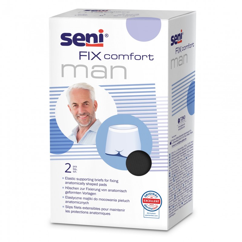 Verpackung für elastische Stützhosen namens -FIX comfort man- von Seni. Zeigt einen lächelnden Mann und die Schutzhosen in der Darstellung. Enthält Beschreibung und Verwendungshinweise in mehreren Sprachen.