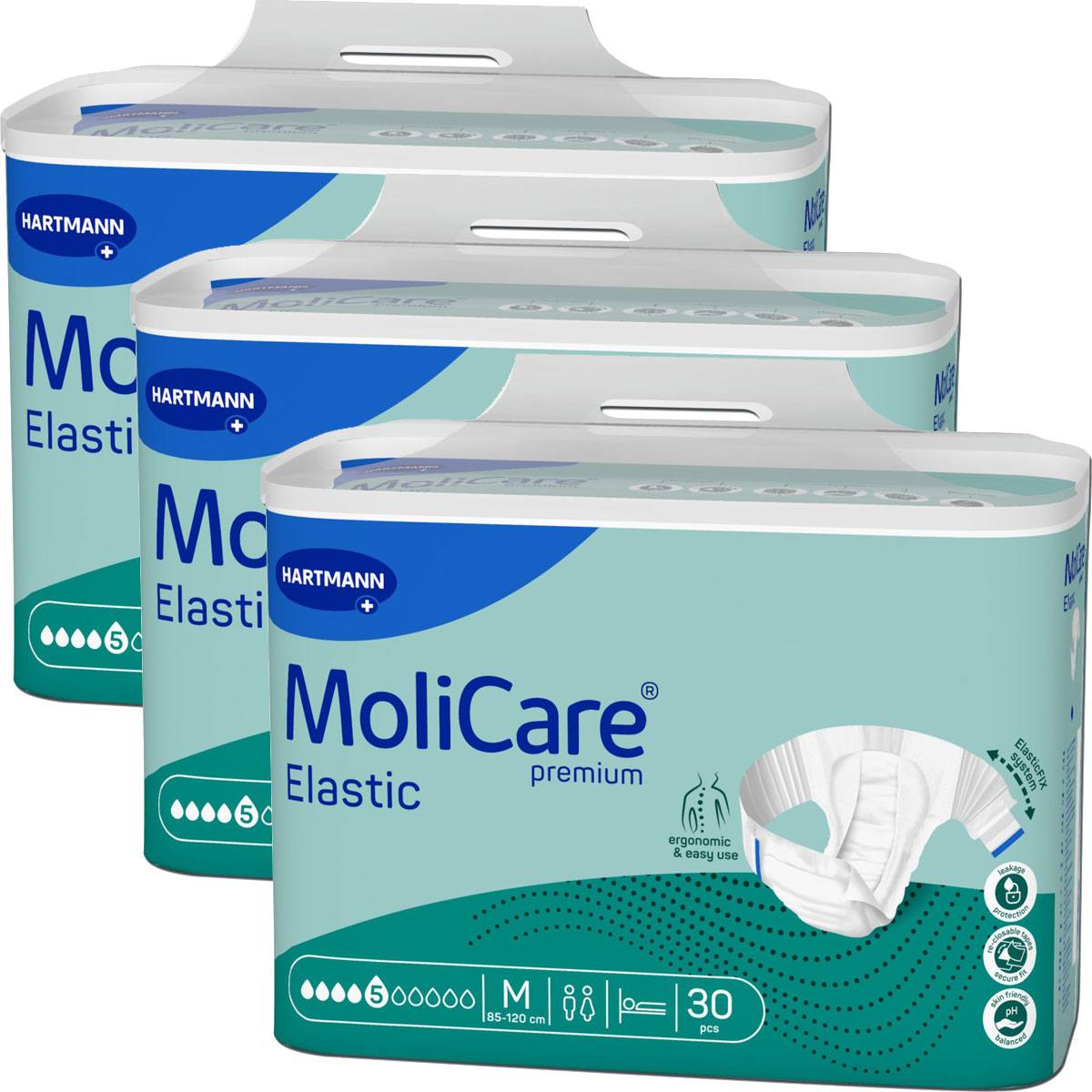 Drei Verpackungen von MoliCare Elastic Premium Produkten sind übereinander gestapelt. Jede Packung zeigt die blaue und grüne Gestaltung mit Informationen zu Größe M (85-120 cm) und 30 Stück pro Packung.