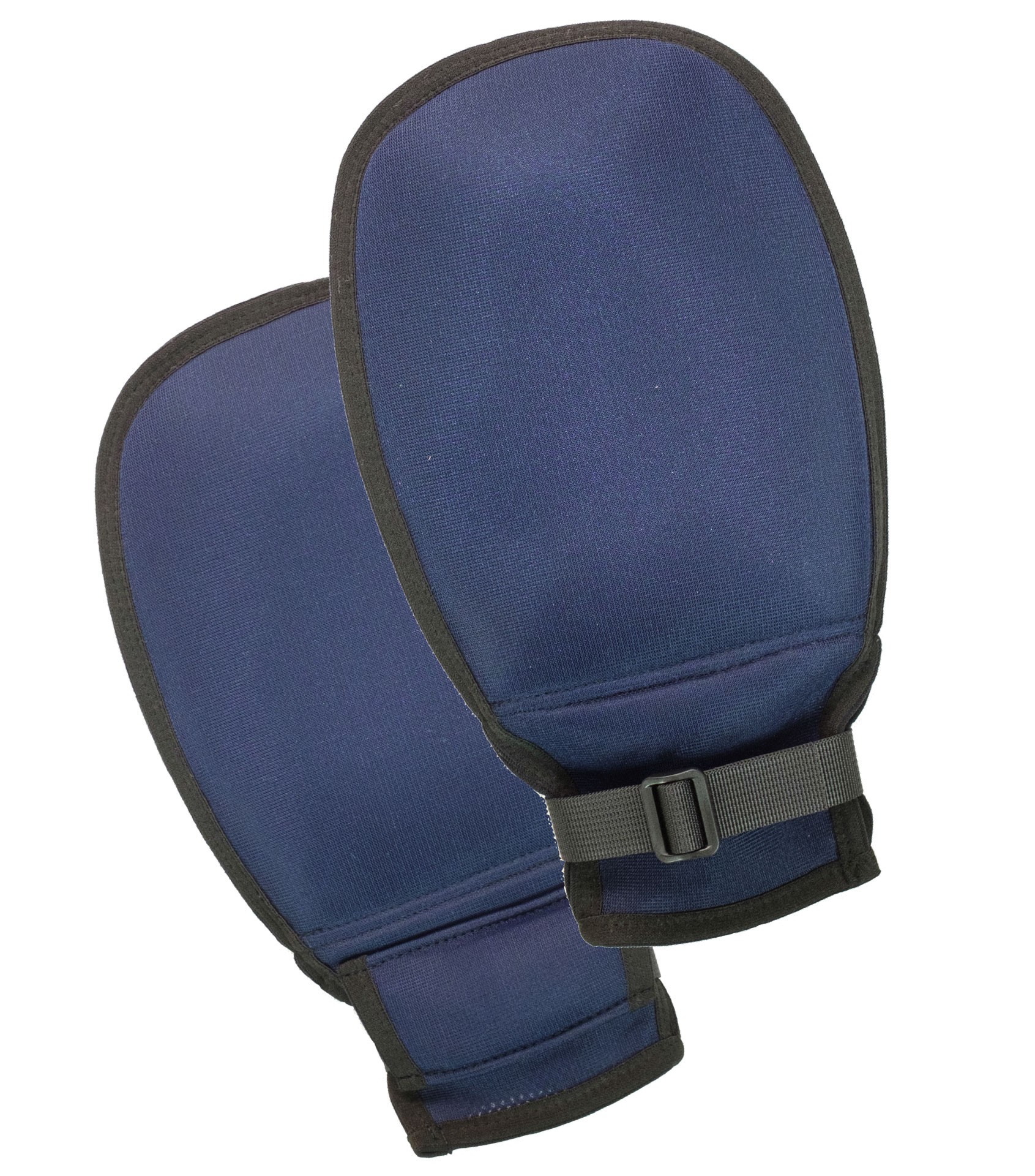 Zwei dunkelblaue Handschuhe aus Stoff sind zu sehen, mit einem verstellbaren Riemen an der Unterseite. Sie sind gepolstert und haben schwarze Umrandungen, auf neutralem Hintergrund präsentiert.
