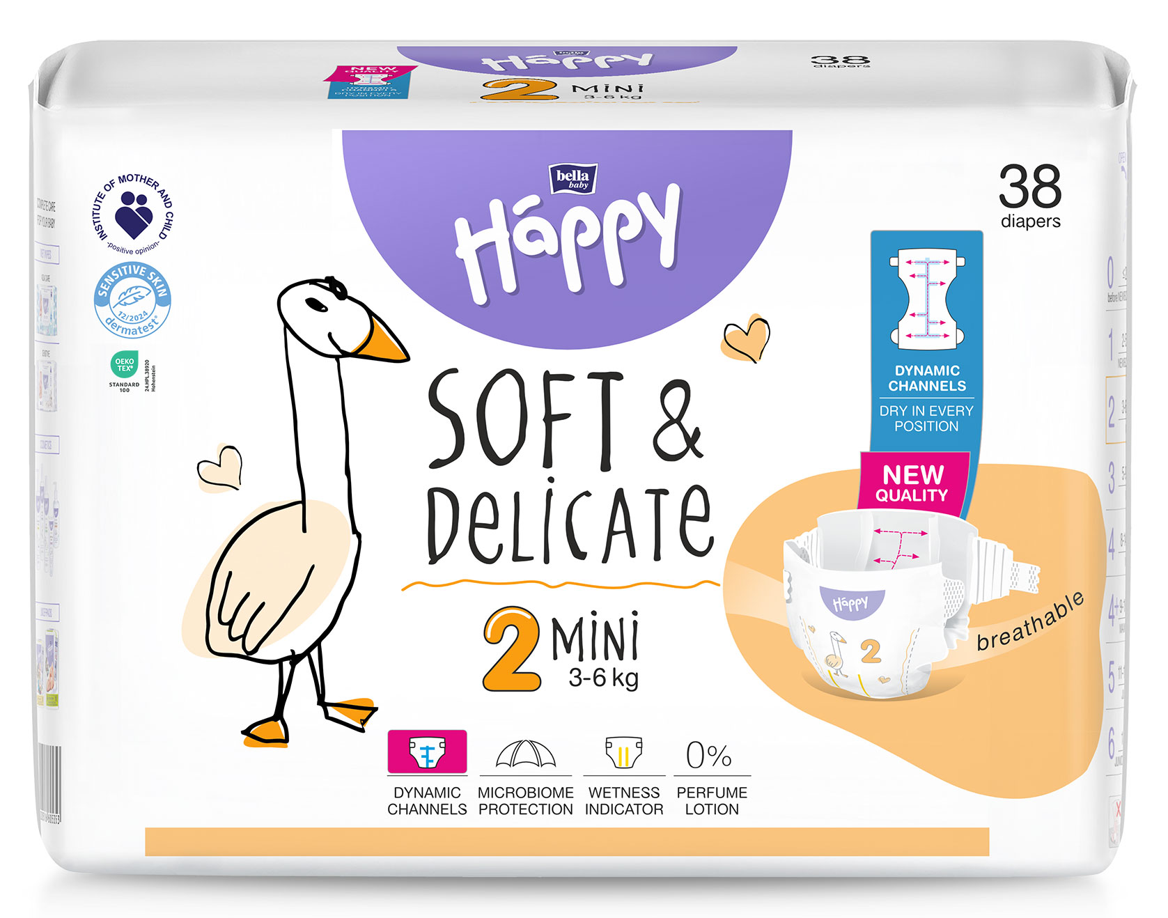 Sichtbare Packung von Windeln mit einem gezeichneten Charakter – einem Schwan. Auf der Vorderseite steht -SOFT &amp; DELICATE-, -2 MINI (3-6 kg)- und Informationen zu Produkteigenschaften.