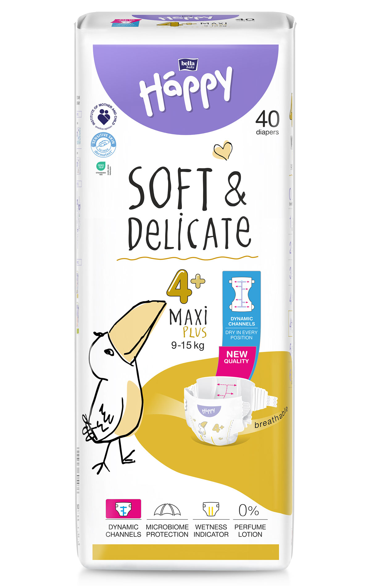 Eine Packung Windeln mit 40 Stück ist abgebildet. Auf der Vorderseite steht -Happy SOFT &amp; DELICATE- sowie Informationen zur Größe 4+ (9-15 kg). Es sind Symbole für Funktionen wie -dynamische Kanäle- und -Nassindikator- sichtbar.