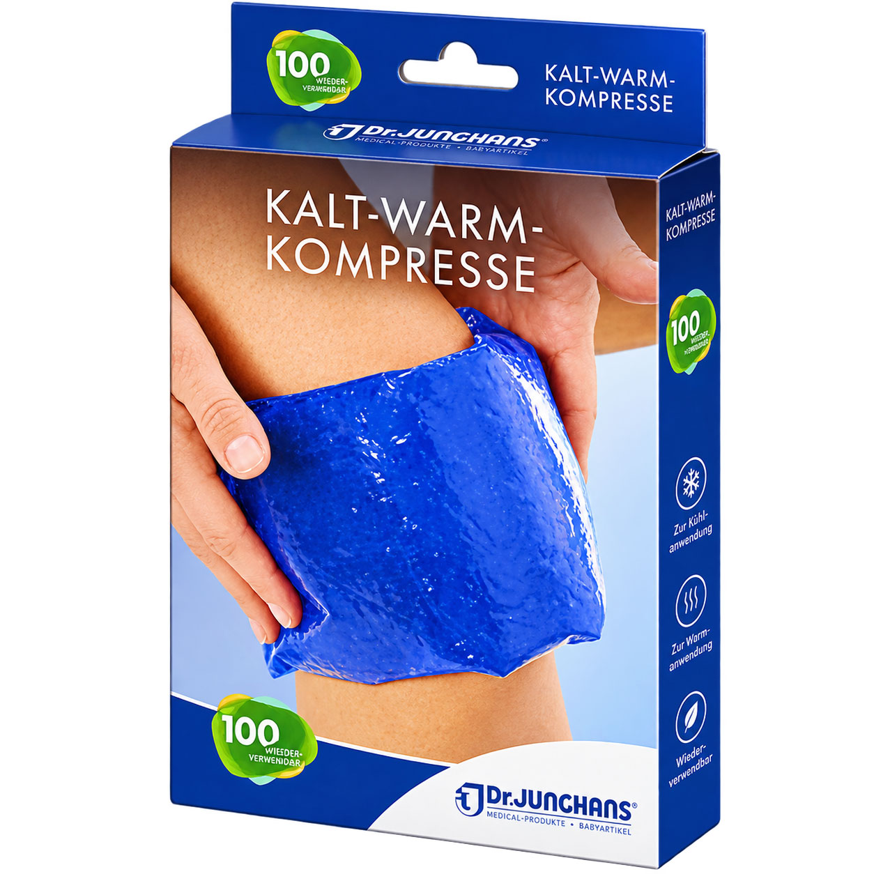 Kalt-Warm-Kompressen in blauer Verpackung mit einer Hand, die die Kompresse auf ein Bein hält. Schriftzüge betonen Wiederverwendbarkeit und Anwendungsmöglichkeiten für Kühlen und Wärmen.