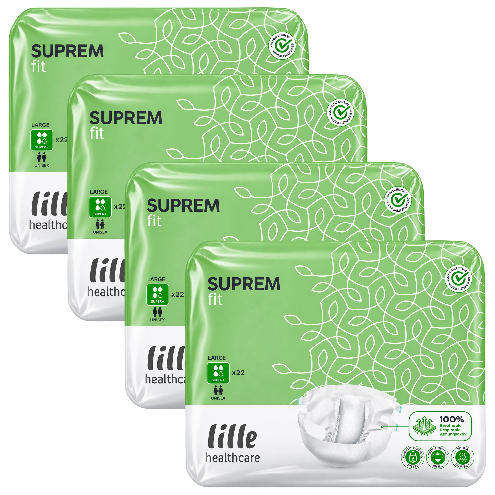 Vier Packungen von -SUPREM fit- mit je 22 Stück in Größe L. Die Verpackungen sind grün mit floralem Muster, enthalten das Logo von -lille healthcare- und Informationen zur Atmungsaktivität.