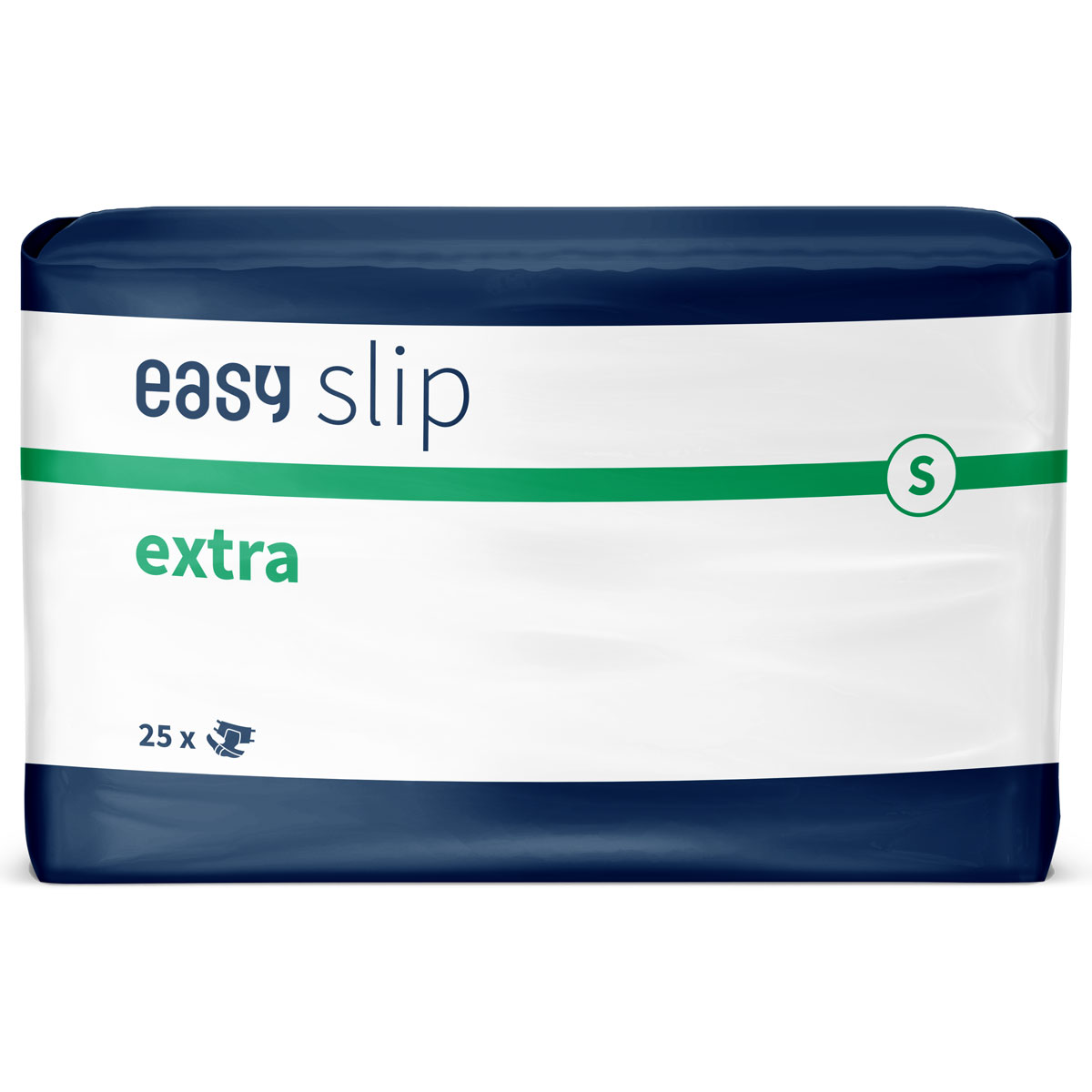 Ein Packungsdesign für Inkontinenzprodukte zeigt eine weiße Verpackung mit blauen und grünen Elementen. Darauf steht -easy slip extra- sowie -S- für die Größe und -25 x- für die Anzahl der enthaltenen Produkte.