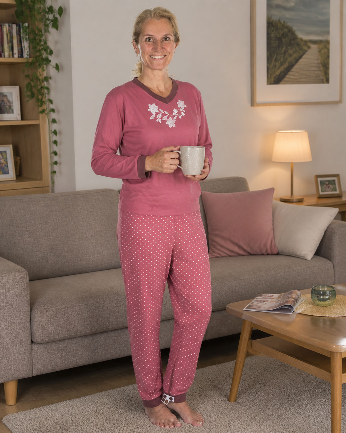 Eine Frau steht in einem Wohnzimmer und hält eine Tasse. Sie trägt ein rotes, gepunktetes Pyjama-Outfit. Das Zimmer hat eine freundliche Atmosphäre mit einem Sofa, einem Beistelltisch und Pflanzen im Hintergrund.