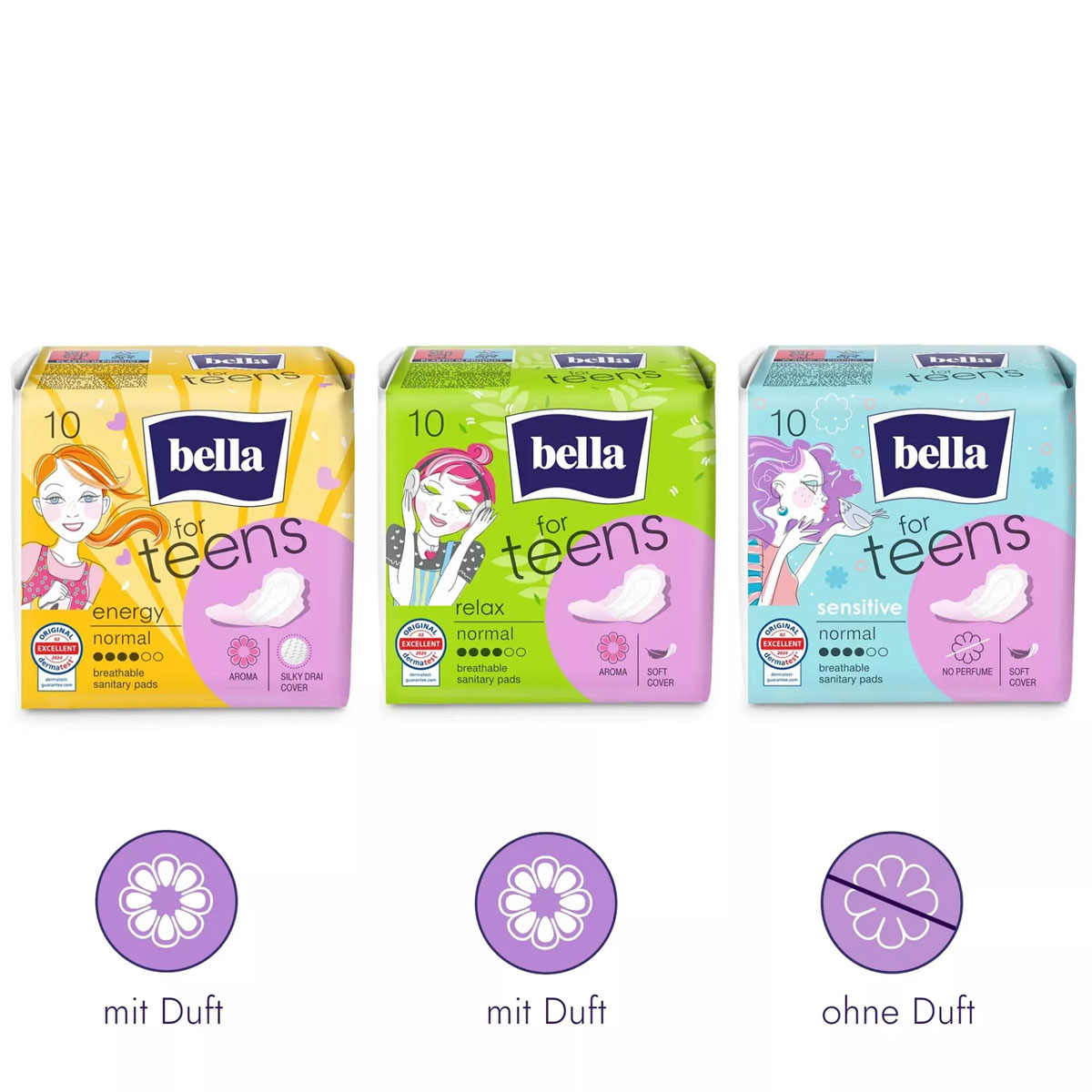 Drei Packungen von Bella Hygieneprodukten für Teenager stehen nebeneinander. Die ersten beiden sind -Energy- mit Düften und -Relax- ebenfalls mit Düften, während die dritte -Sensitive- ohne Duft ist. Alle enthalten zehn normale Binden.