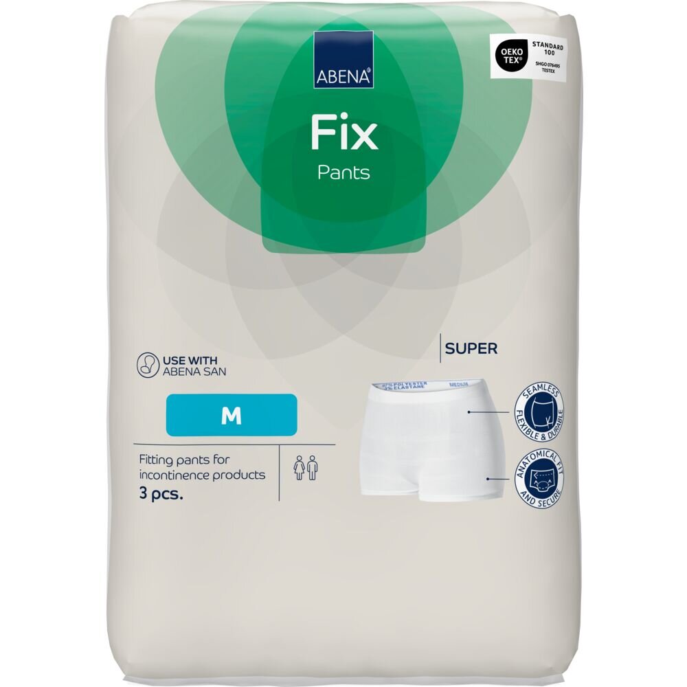 Abena Fix Pants in Größe M, verpackt in einem weißen Beutel. Die Verpackung zeigt das Produkt und beschreibt es als passgenaue Hosen für Inkontinenzprodukte, enthält 3 Stück.