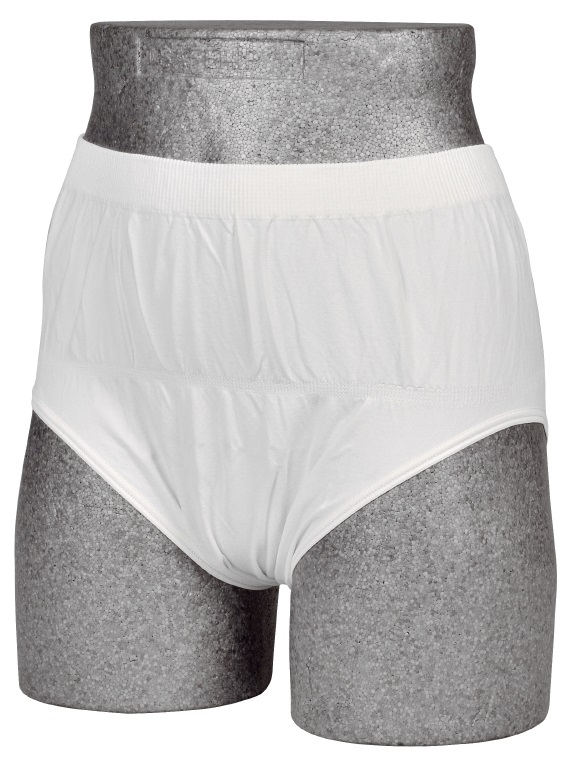 Weißer Inkontinenzslip, auf einem grauen Schaumstoffmodell präsentiert. Der Slip hat einen hohen Bund und eine glatte Textur ohne erkennbare Muster.