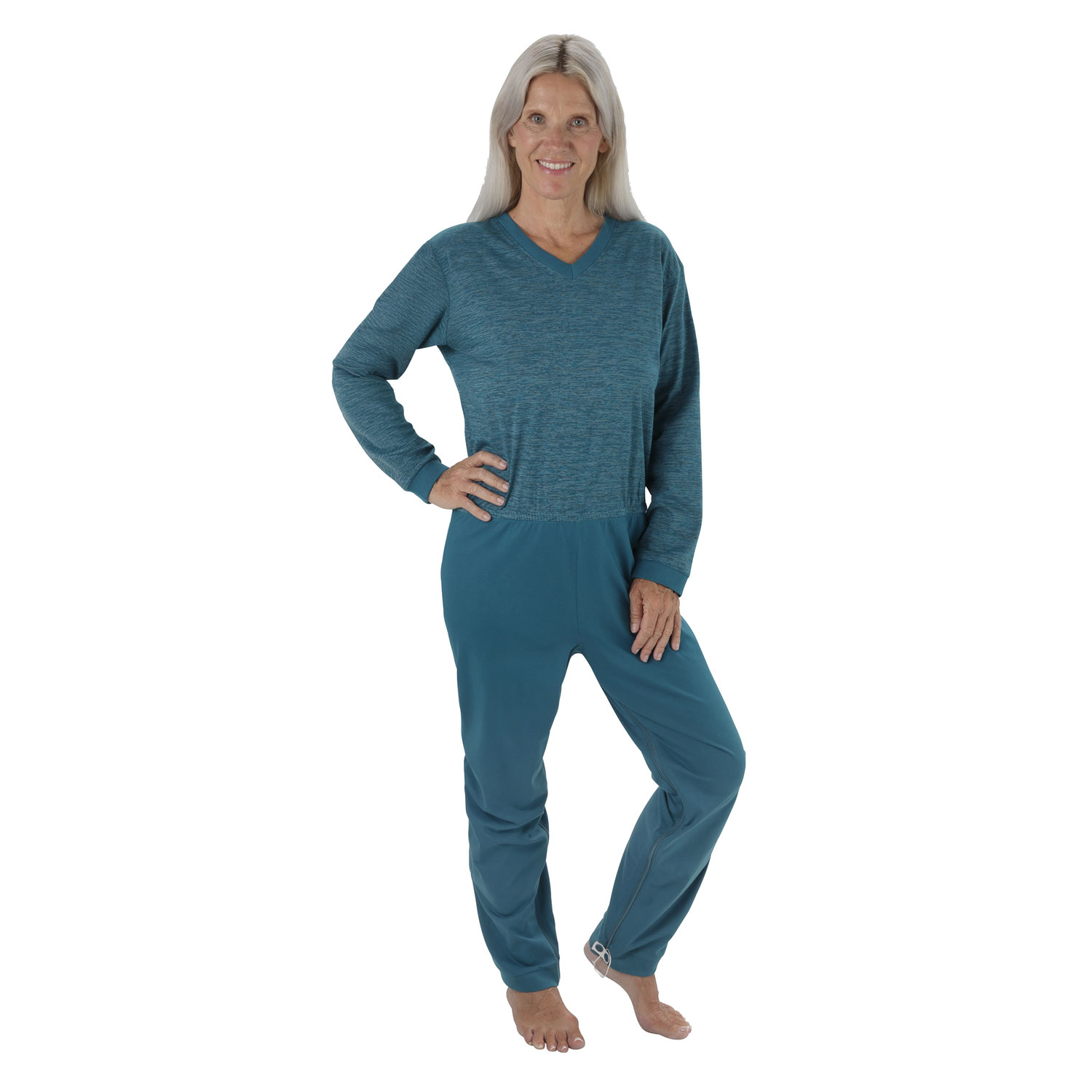 Suprima Pflegeoverall - LANG - mit Rücken- & teilb.Beinreißverschluss in Petrol Melange