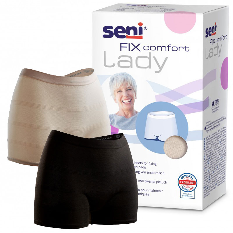 Beige und schwarze Inkontinenzslips liegen vor einer Verpackung. Die Packung zeigt eine lächelnde Frau und Informationen zu den Produkten, die für anatomische Einlagen geeignet sind.