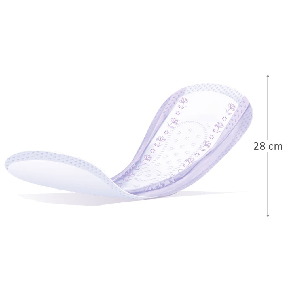Ein dünnes, ovales Inkontinenzprodukt in zartem Lila, mit floralen Mustern auf der Oberfläche. Es hat einen geschwungenen Rand und misst 28 cm in der Länge.