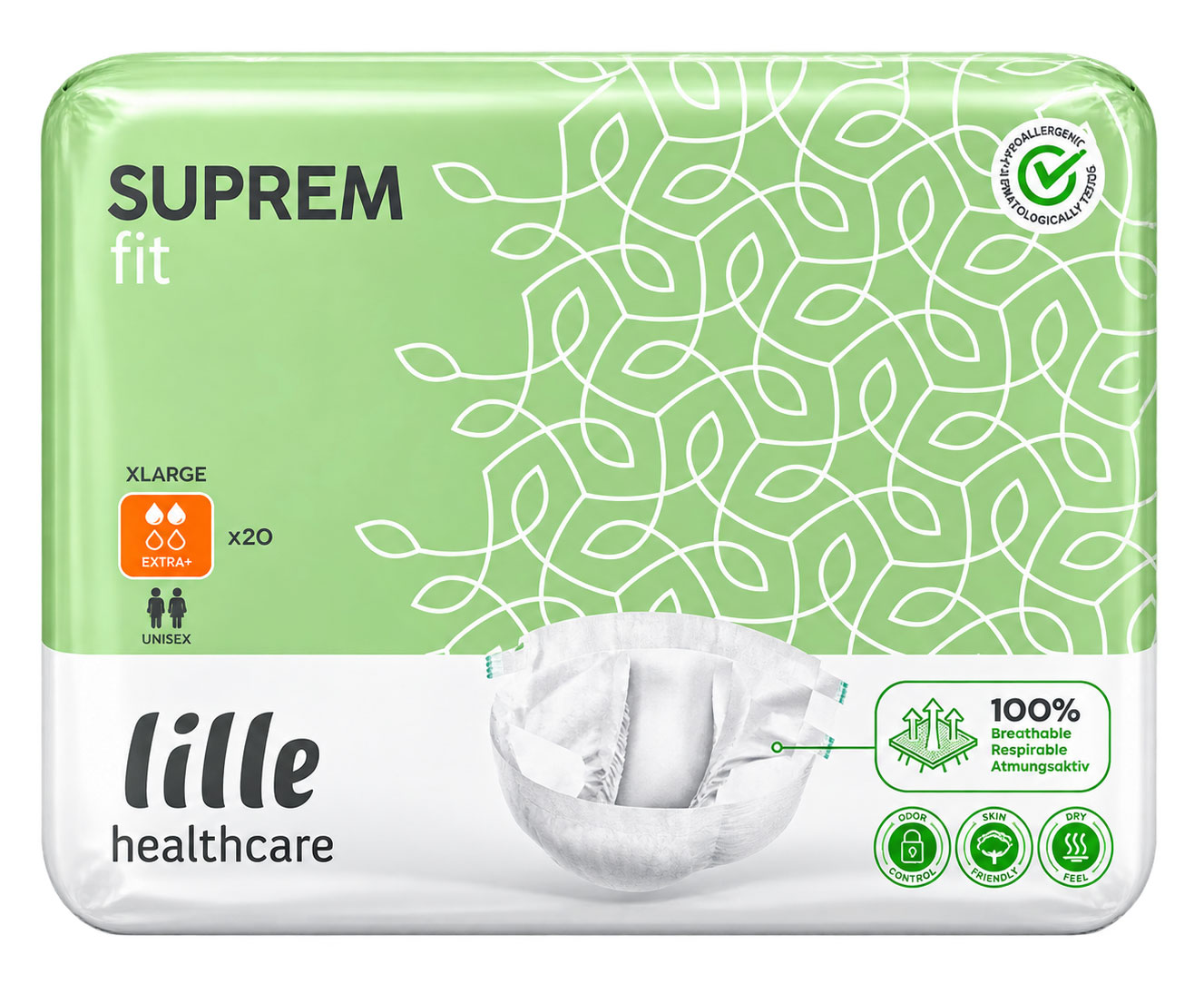 Packung von Inkontinenzprodukten mit der Aufschrift -SUPREM fit- in grüner, dekorativer Verpackung. Enthält 20 Stück in Größe XL, unisex. Hinweise: 100% atmungsaktiv, hautfreundlich, geruchskontrollierend.