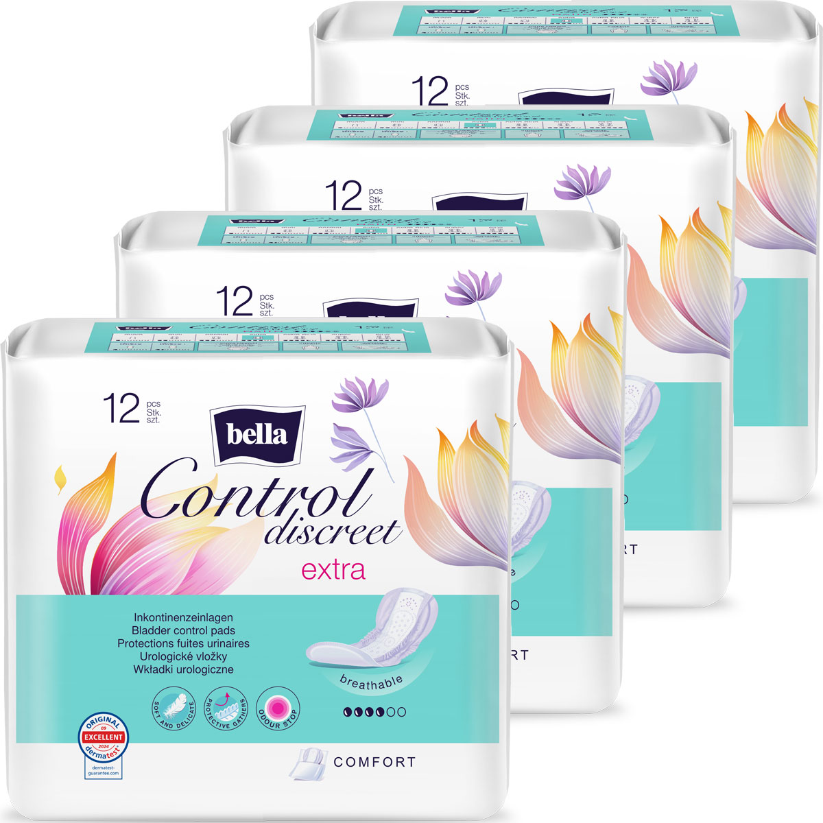 Vier Packungen Bella Control Discreet Extra-Inkontinenz-Einlagen sind übereinander gestapelt. Jede Packung enthält 12 Stück, mit einer bunten floral gestalteten Verpackung. Entlüftung und Komfort sind betont.