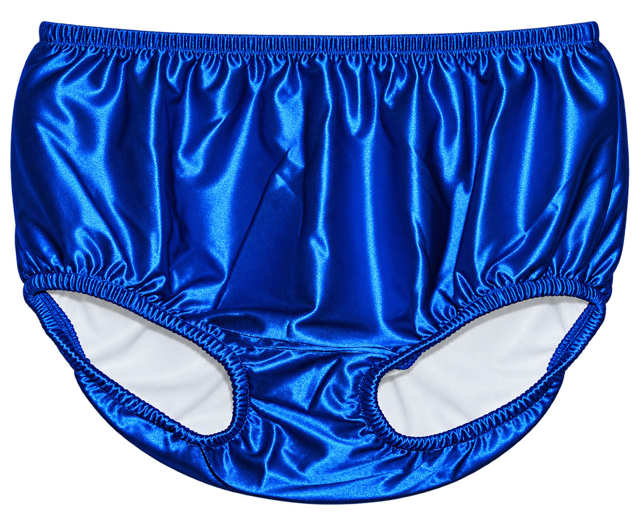 Blau glänzende Unterhose aus einem wetterfesten Material mit elastischen Bündchen. Sie hat offen geschnittene Beinöffnungen und einen weichen Innenteil. Der Hintergrund ist weiß.