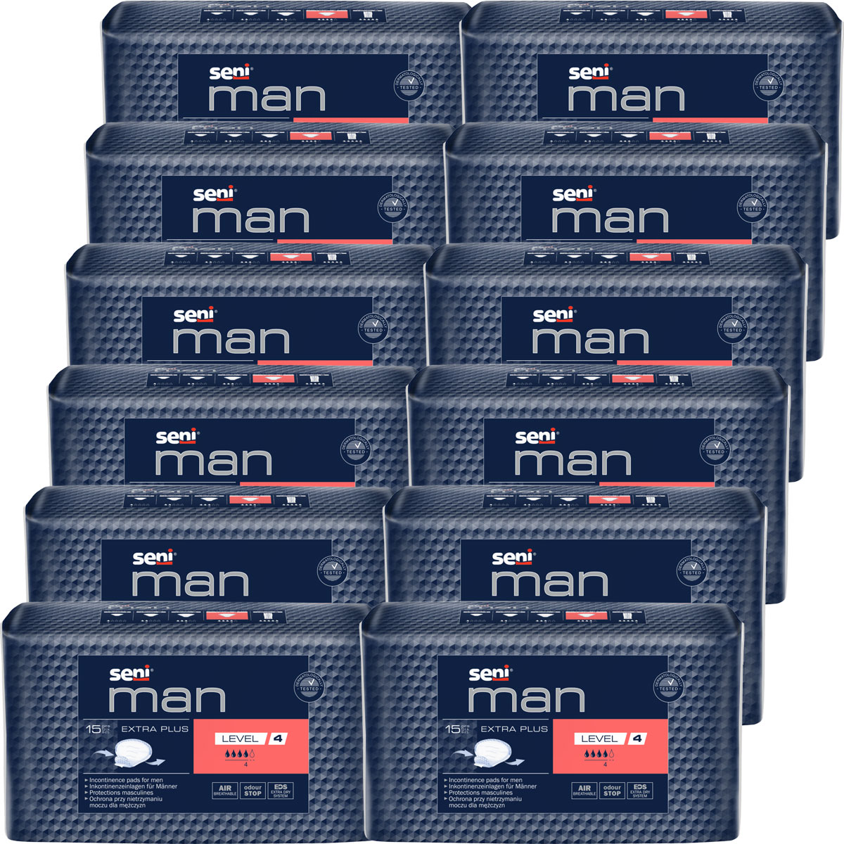 Seni Man Extra Plus Level 4 Inkontinenzprodukte sind in einer Stapelung von 15 Verpackungen zu sehen, mit einer dunklen Blauen Farbe und weißem Schriftzug. Die Verpackungen sind ordentlich angeordnet und zeigen das Produktdesign.