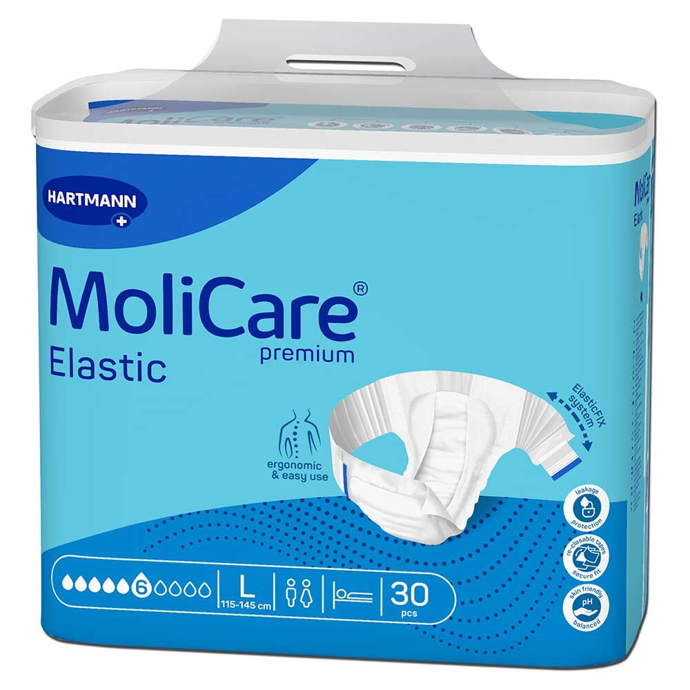 MoliCare Elastic Premium Packung in Blau mit abgebildeter, elastischer Unterlage. Enthält 30 Stück Größe L (115-145 cm). Kennzeichnung für Ergonomie und Benutzerfreundlichkeit.