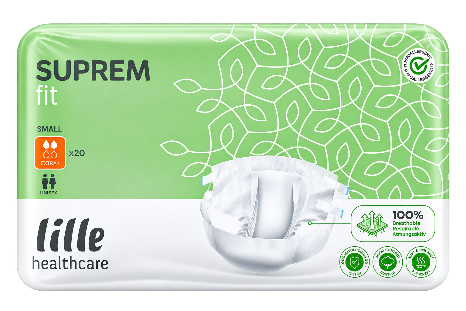 Eine Verpackung für Inkontinenzprodukte in grün und weiß. Die Vorderseite zeigt die Aufschrift -SUPREM fit-, enthält Informationen zu Größe und Menge (20 Stück, unisex) und eine Grafik des Produkts. Kennzeichnungen für Hypoallergenität und Atmungsaktivitä
