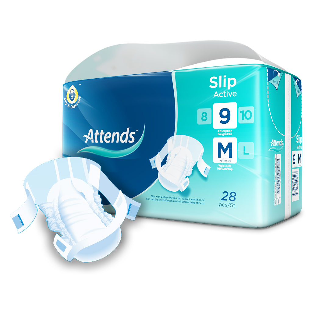 ATTENDS Slip Active 9 - Medium (M) Inkontinenzwindeln 112 (4x28) Stück ATTENDS Slip Active 9 - Medium (M) Inkontinenzwindeln 112 (4x28) Stück
