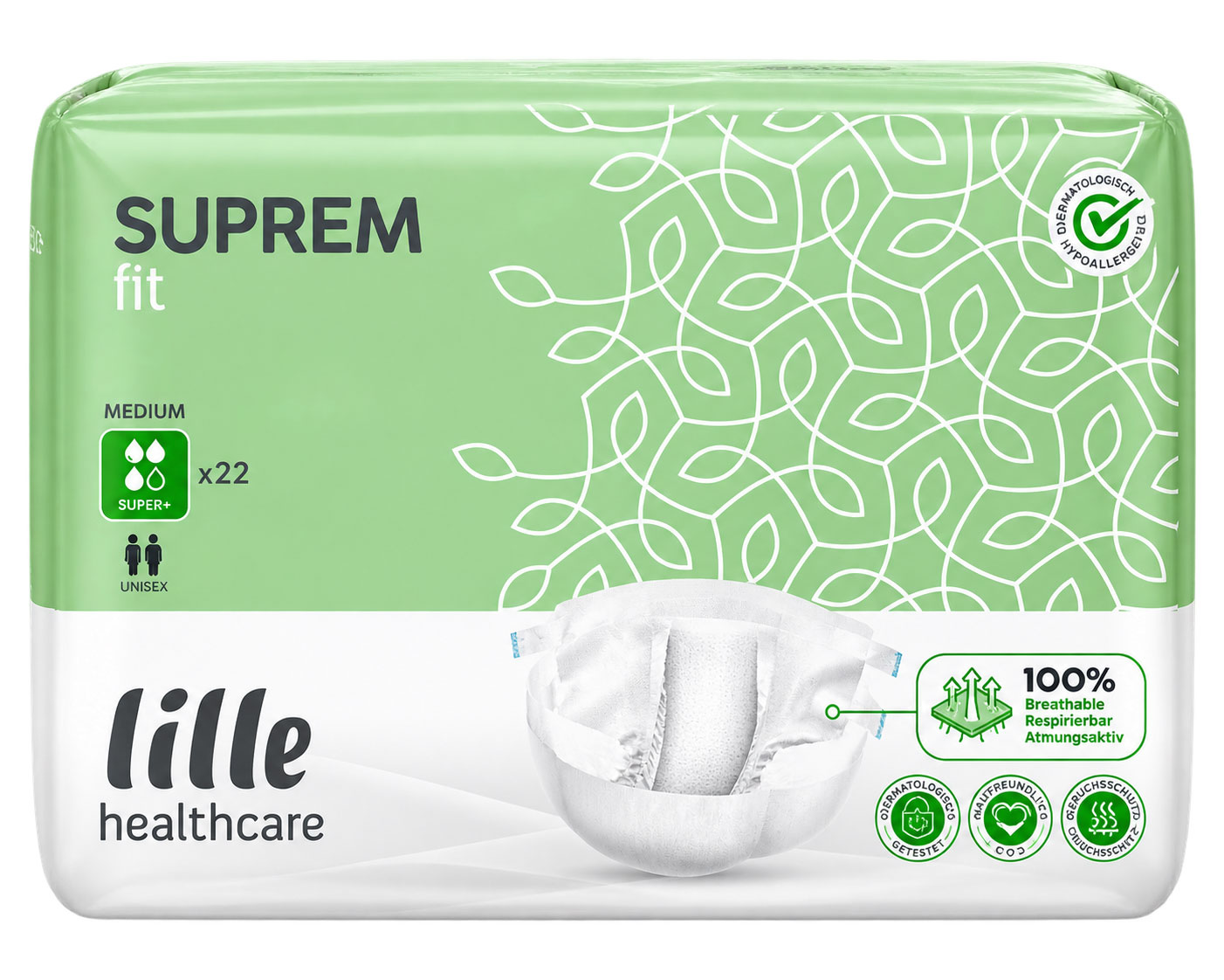 Suprem Fit von Lille Healthcare ist eine Packung mit 22 atmungsaktiven, unisex Inkontinenzprodukten in der Größe Medium. Die Verpackung hat ein grünes Design mit weißen Mustern und enthält mehrere Zertifizierungen.