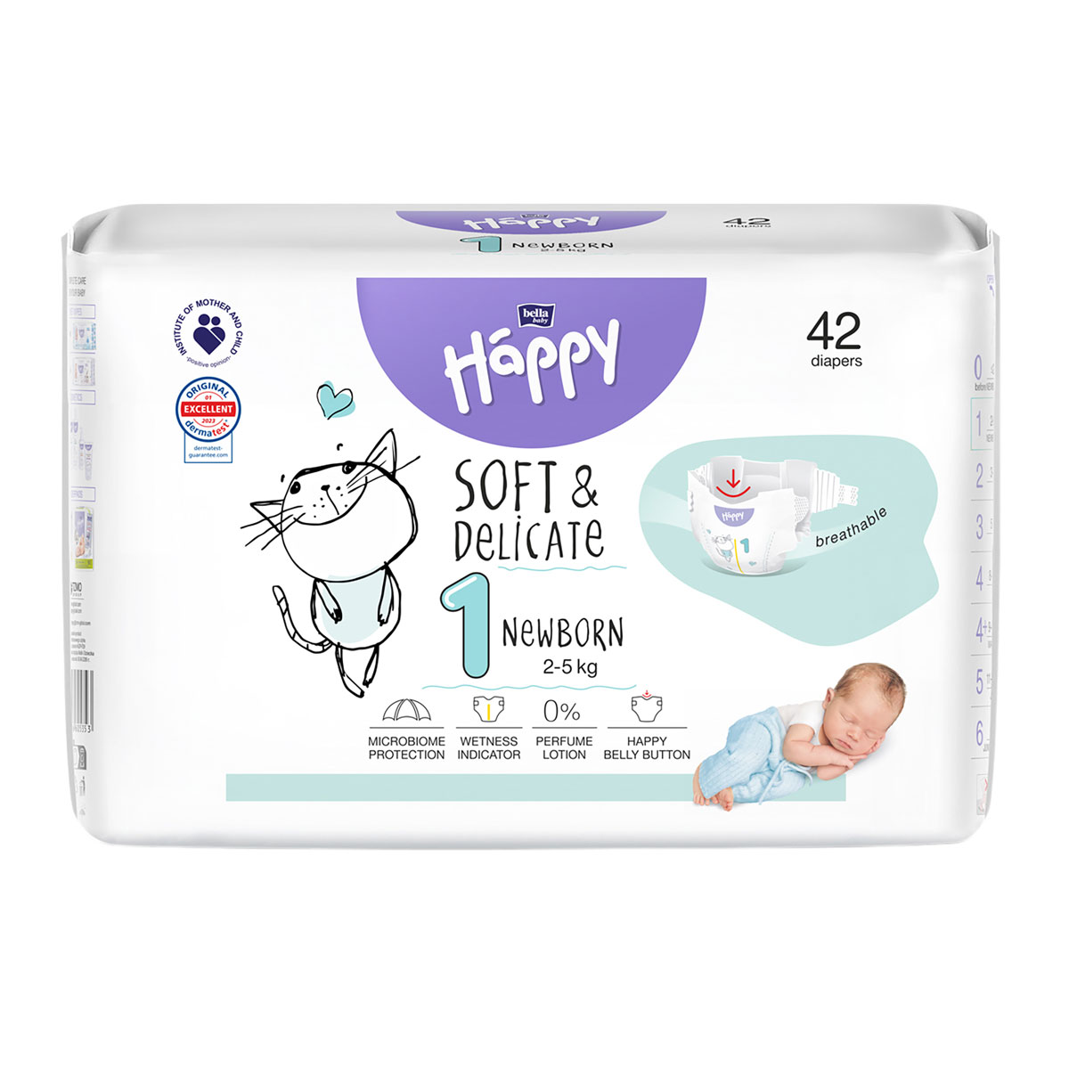Verpackung von Happy Windeln in einer weißen Tüte mit einer abgebildeten Katze, die -Soft &amp; Delicate 1 Newborn- bewirbt. Enthält 42 Windeln, geeignet für Babys von 2-5 kg.