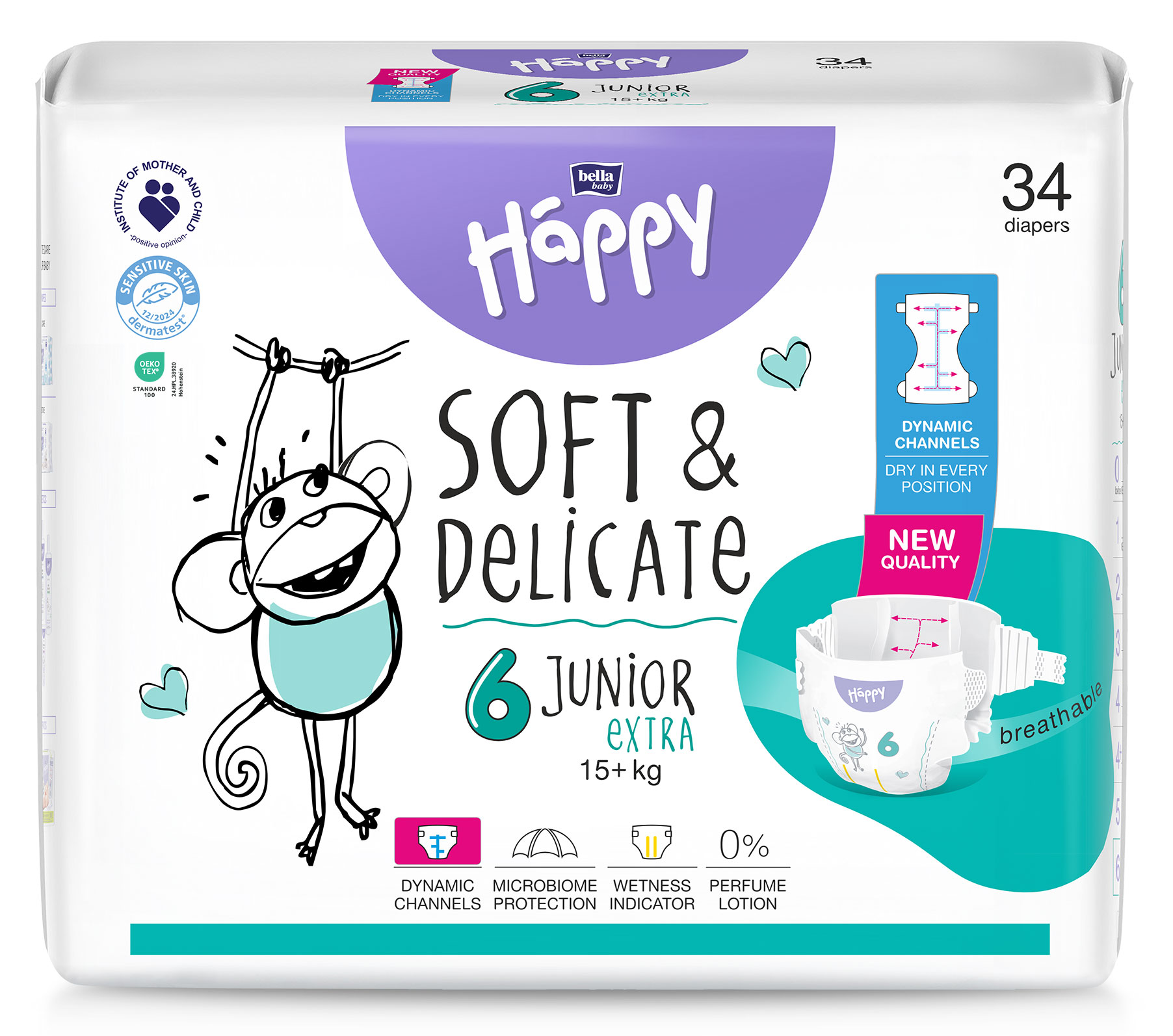 Verpackung von Windeln mit dem Namen -Happy-, die als -soft &amp; delicate- beschrieben sind. Es sind 34 Windeln der Größe 6 (15+ kg) abgebildet. Features wie dynamische Kanäle, Mikrobiom-Schutz und ein Nassenanzeiger werden hervorgehoben.