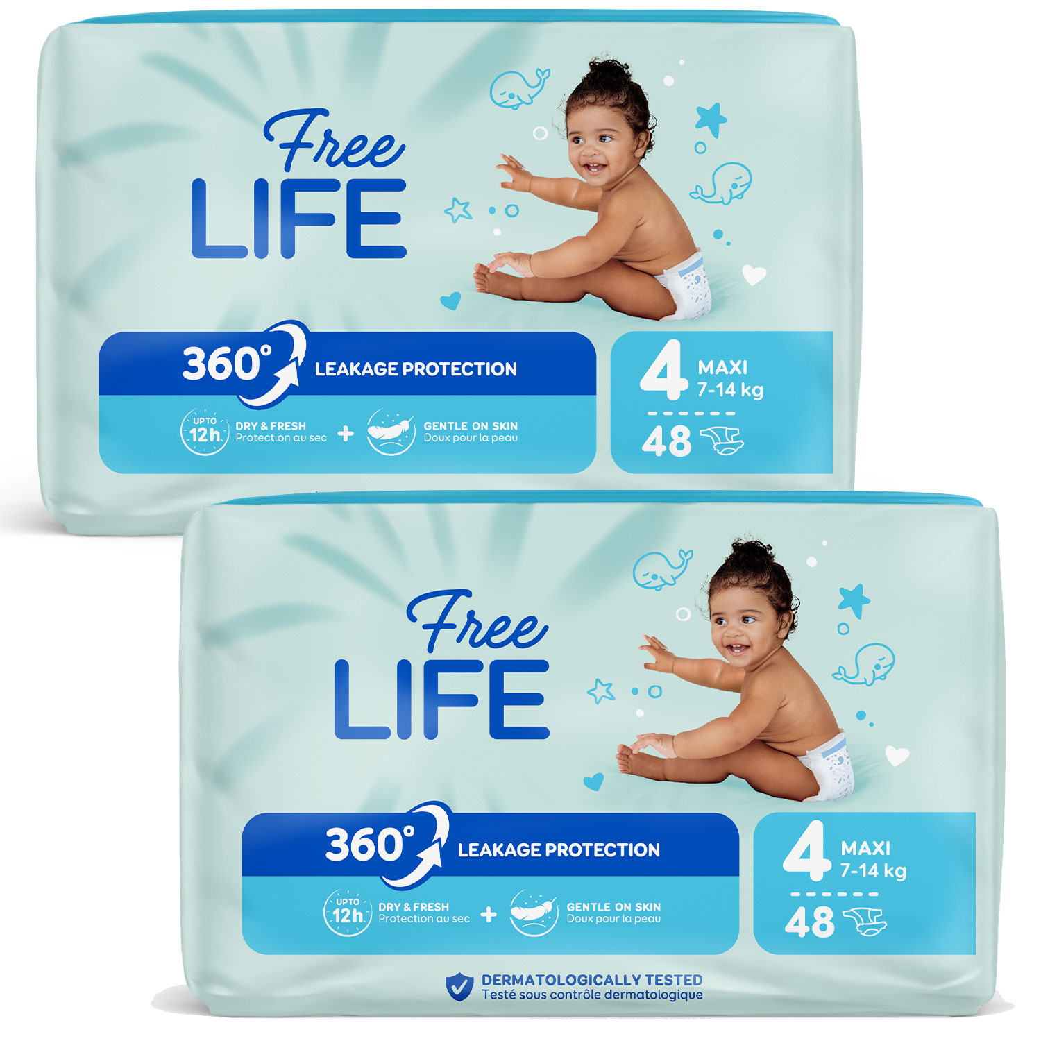 Maxi-Windeln der Marke -Free LIFE- in einer Packung mit 48 Stück. Gezeigt ist ein fröhliches Kleinkind im Vordergrund, umgeben von einem hellblauen Hintergrund mit Wal- und Sternmotiven. Hinweise zu -360° Leakage Protection-, -bis zu 12 Stunden trocken- u