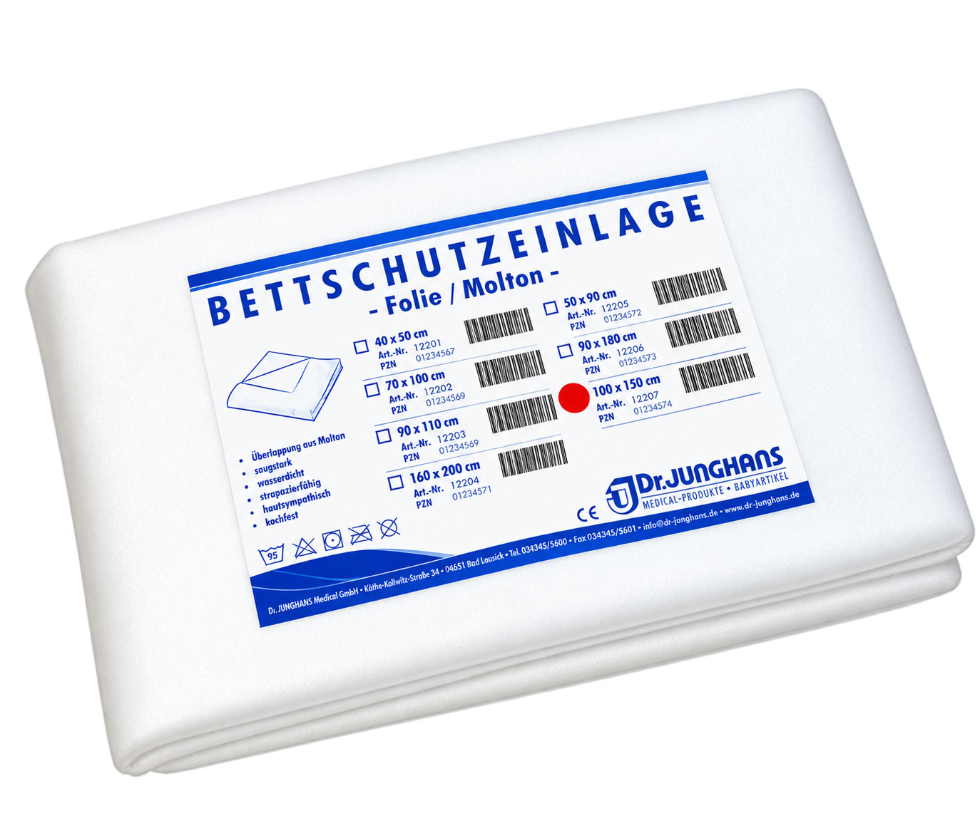 Bettschutzeinlage aus Molton mit blauer Beschriftung. Sie zeigt verschiedene Größen und Artikelnummern. Der Hintergrund ist weiß und die Einlage selbst ist gefaltet und sauber präsentiert.