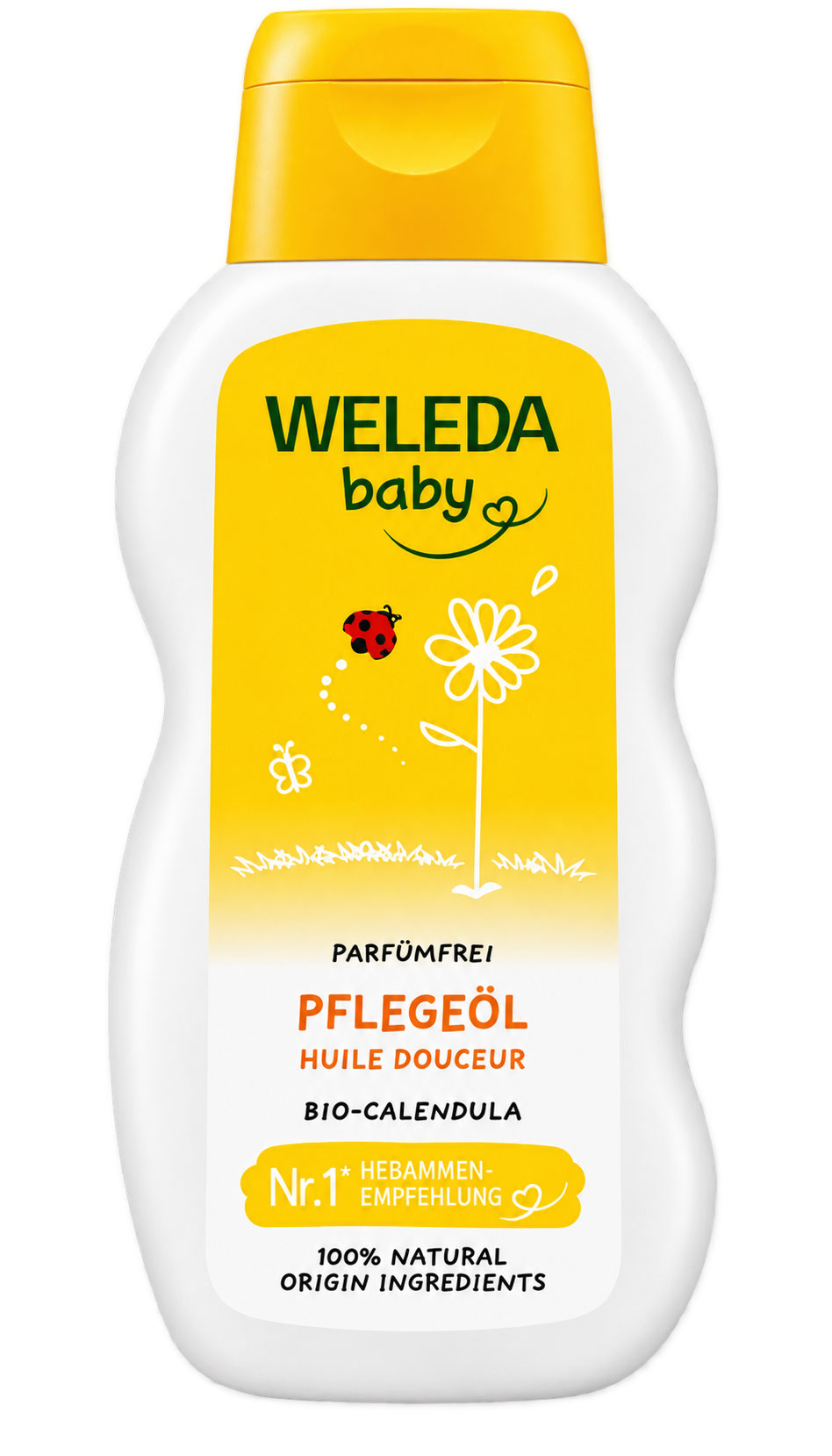 Flasche mit Pflegeöl für Babys, aromafrei, mit gelbem Etikett. Auf dem Etikett sind eine Marienkäfer- und Blumenillustration sowie die Aufschrift -Weleda baby- und -Pflegeöl- sichtbar.