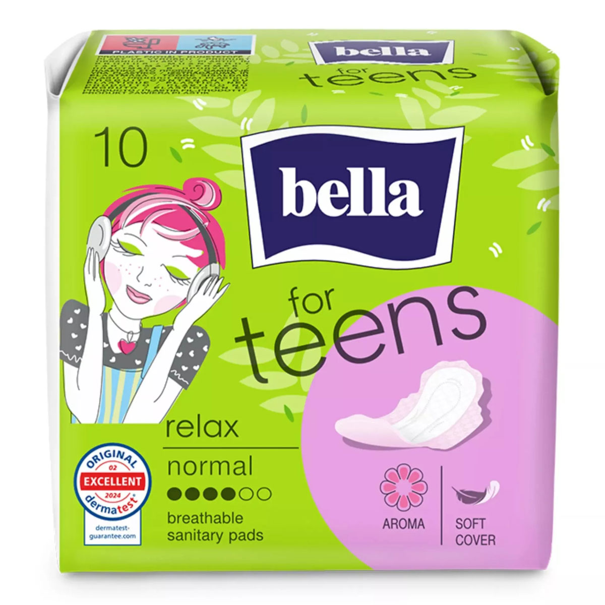Ein Paket mit Hygieneprodukten, das grüne und lila Farben verwendet. Es zeigt eine cartoonhafte Grafik eines Mädchens mit Kopfhörern. Beschriftet mit -bella for teens- und Informationen zu aromatischen, atmungsaktiven Damenbinden.