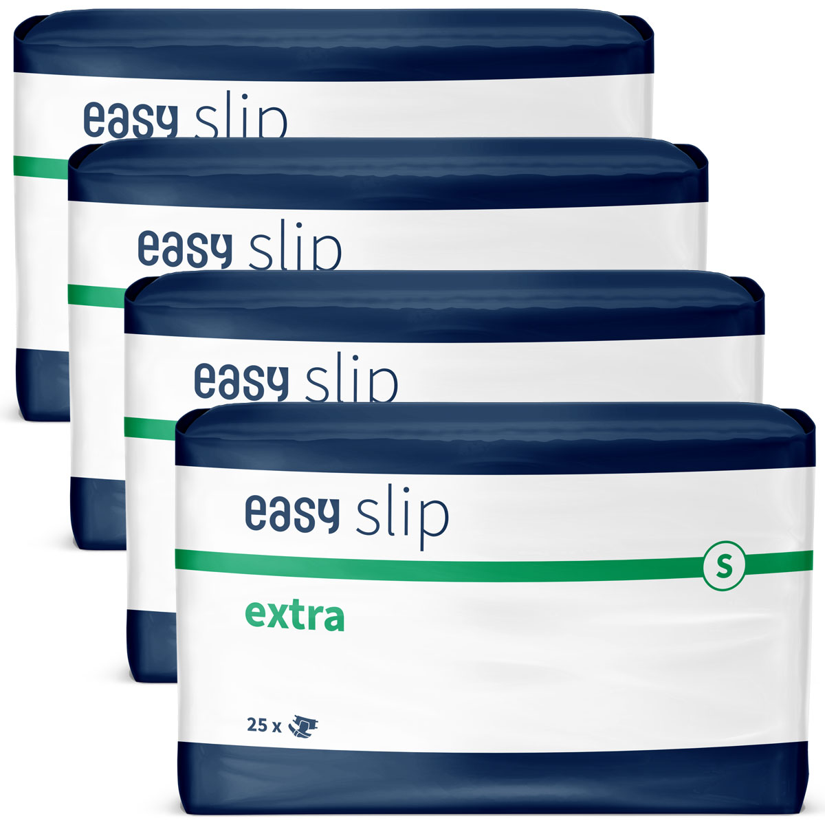 Vier Packungen von -easy slip- mit der Größe -S- sind übereinander gestapelt. Jede Packung enthält 25 Produkte und trägt die Bezeichnung -extra-. Der Hintergrund ist neutral und unauffällig.