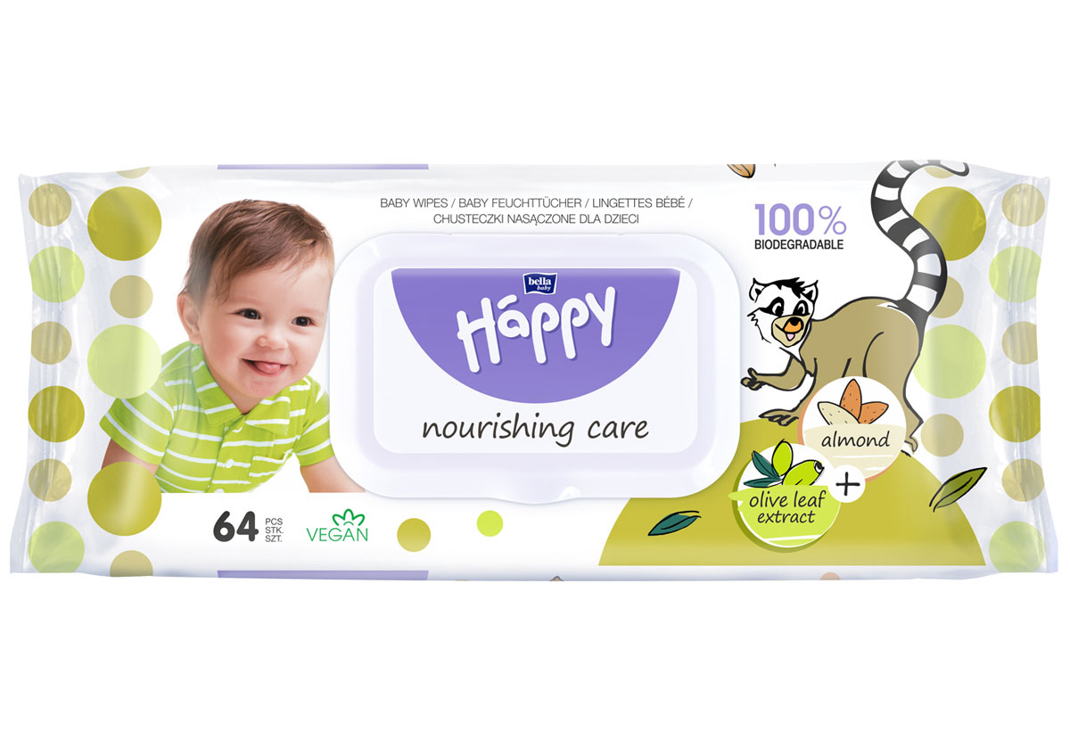 Sparpack - Bella Happy Feuchttücher - Mandel & Olive mit Klickverschluss Karton (12x64 Stück)