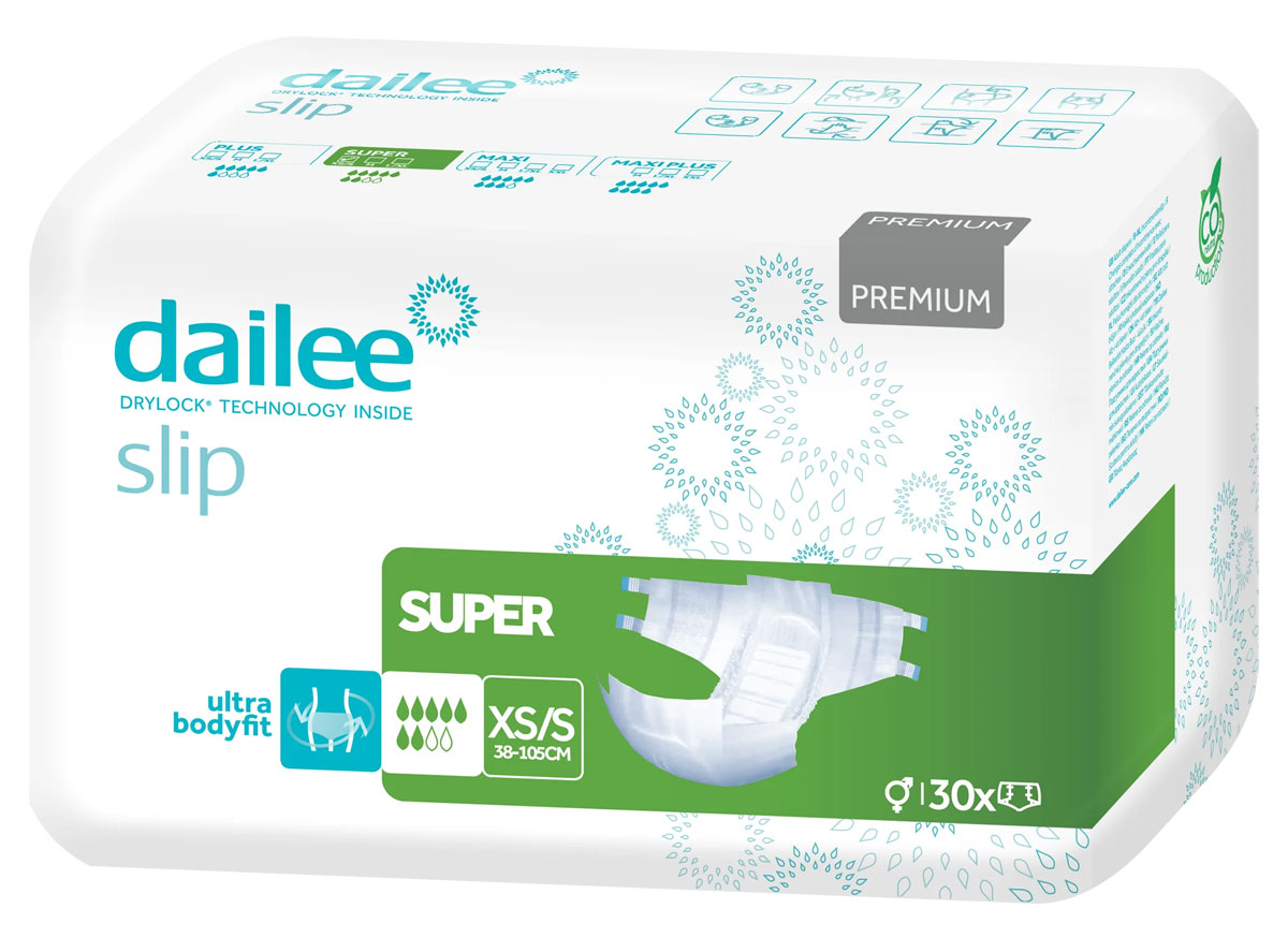dailee slip Paket mit Abbildung einer Windel, darunter die Bezeichnung -SUPER- und die Größe -XS/S (38-105CM)-. Verpackungsdetails betonen die -DRYLOCK TECHNOLOGY- und -ultra bodyfit-. Ingesamt 30 Stück.