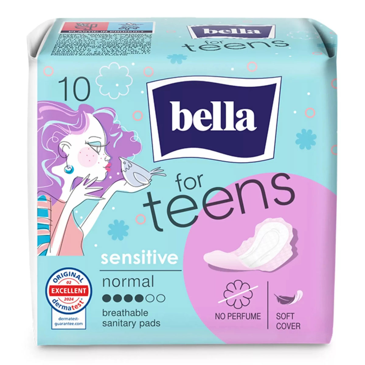Eine Verpackung mit sanitären Produkten für Jugendliche. Sie zeigt eine junge Frau mit lila Haaren, die einen Vogel hält. Der Hintergrund ist hellblau mit Blumen. Textinformationen betonen die Eigenschaften: -sensitive-, -normal-, -atmungsaktive Binden-, 
