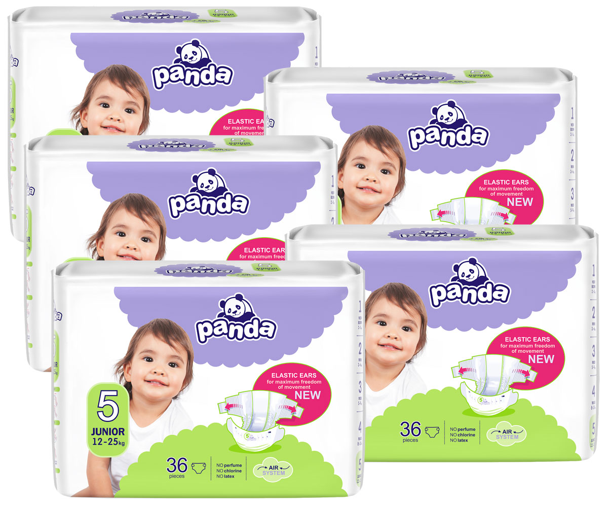 Sechs Verpackungen von Panda-Diaper für Kinder sind übereinander gestapelt. Jede Packung zeigt ein lächelndes Kleinkind vorne sowie Informationen zu den elastischen Ohren und der Stückzahl (36).