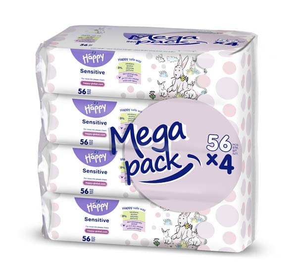 Eine Verpackung mit vier Stapeln von Feuchttüchern -Happy Sensitive- ist sichtbar. Jedes Stapel enthält 56 Tücher. Die Verpackung hat ein buntes Design mit Punkten und einem Hasenmotiv. Der Text -Mega pack- ist prominent hervorgehoben.