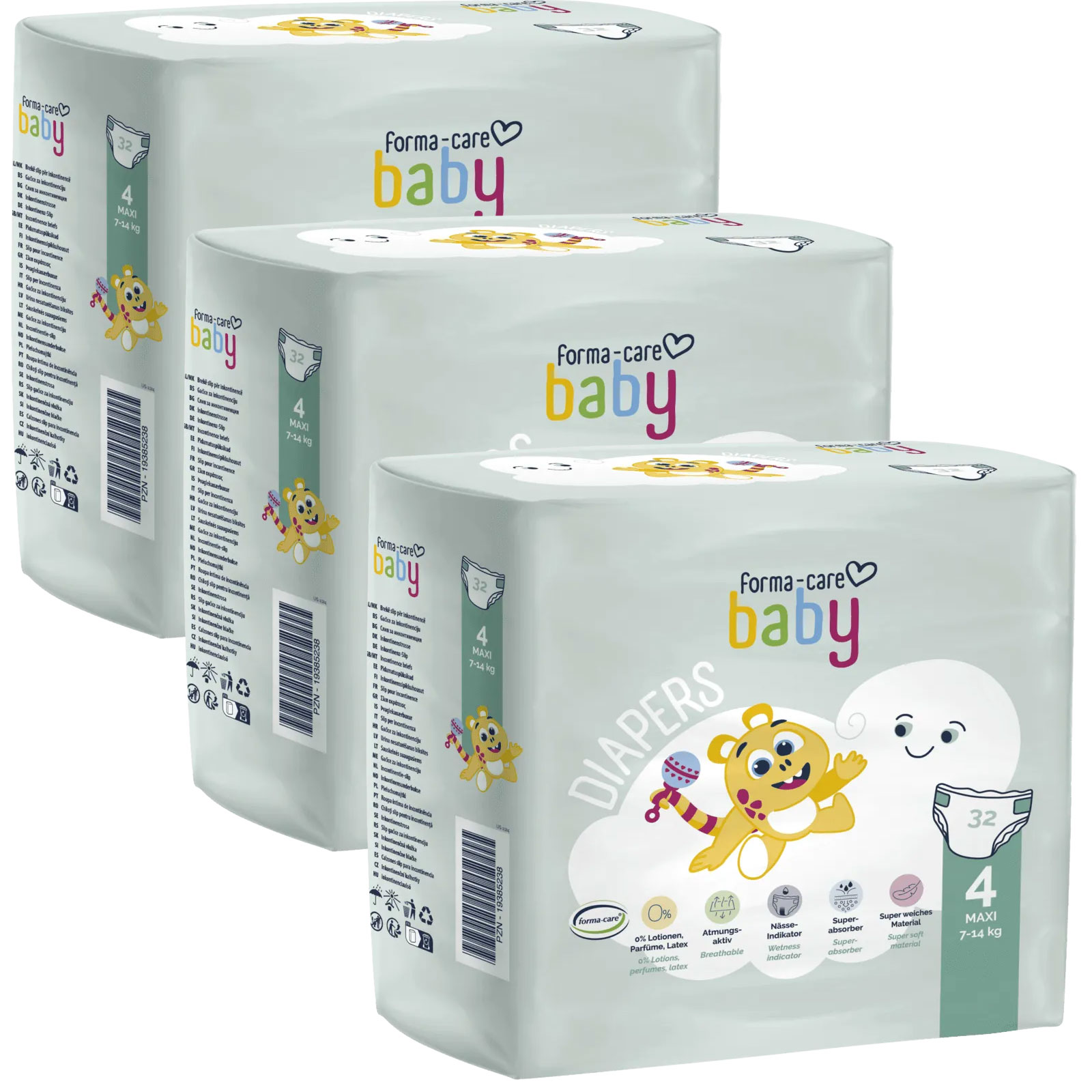 Drei Verpackungen von -forma-care baby- Windeln in Größe 4, für Babys von 7-14 kg. Jede Packung zeigt ein fröhliches Tier und bietet eine Übersicht der Produkteigenschaften auf der Seite.