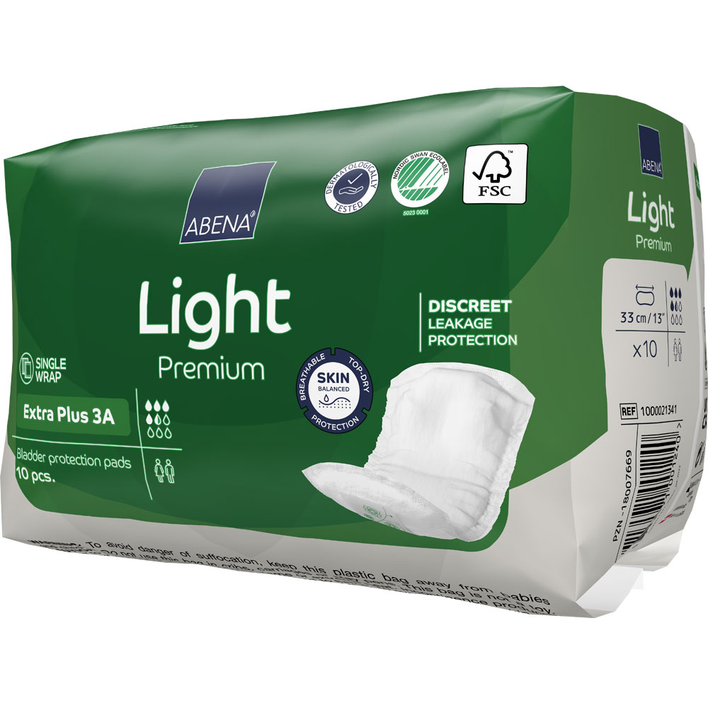 Grüner Verpackungsbeutel mit der Aufschrift -ABENA Light Premium-, der Blasenschutzpolster enthält. Auf der Vorderseite sind Hinweise auf diskrete Auslaufschutz und Hautschutz. Es sind 10 Stück enthalten.