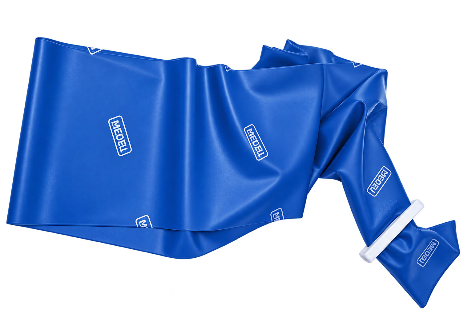 Blaues, flexibles Material mit dem Logo -MEDELL- in verschiedenen Größen. Es scheint in Falten gelegt und könnte als Schutzausrüstung oder medizinisches Zubehör verwendet werden. Der Hintergrund ist weiß.