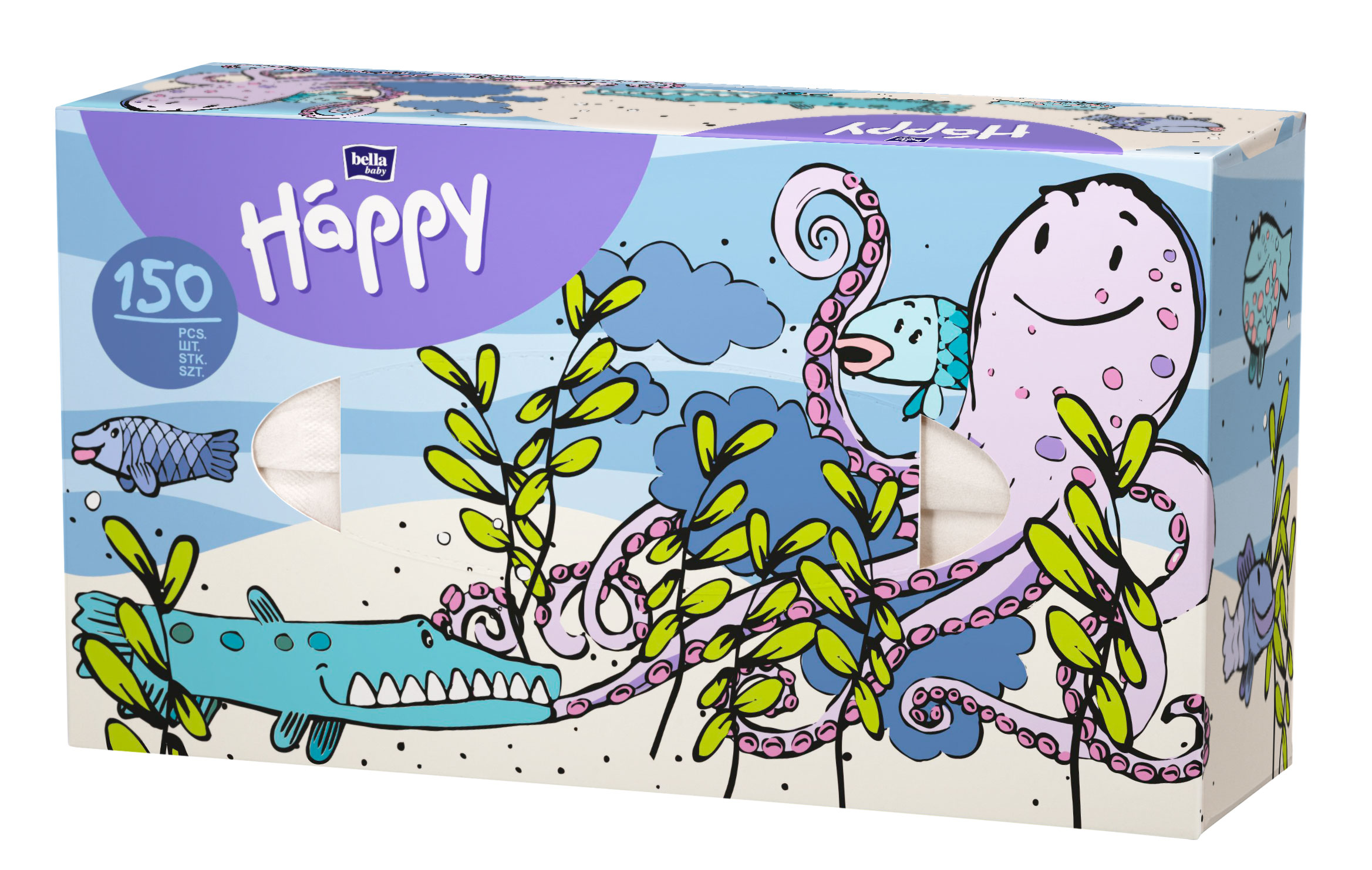Eine Verpackung für 150 Taschentücher ist abgebildet. Diese hat ein lustiges, maritimes Design mit einem Octopus, Fischen und Pflanzen. Die Farben sind hellblau, grün und pink.