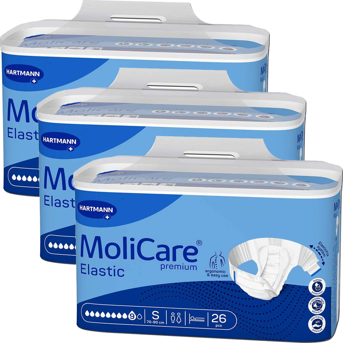Drei Pakete MoliCare Elastic in der Farbe Blau sind abgebildet. Jedes Pack enthält 26 Stück und ist für eine Taille von 70-90 cm geeignet. Die Pakete sind ergonomisch gestaltet und einfach zu verwenden.