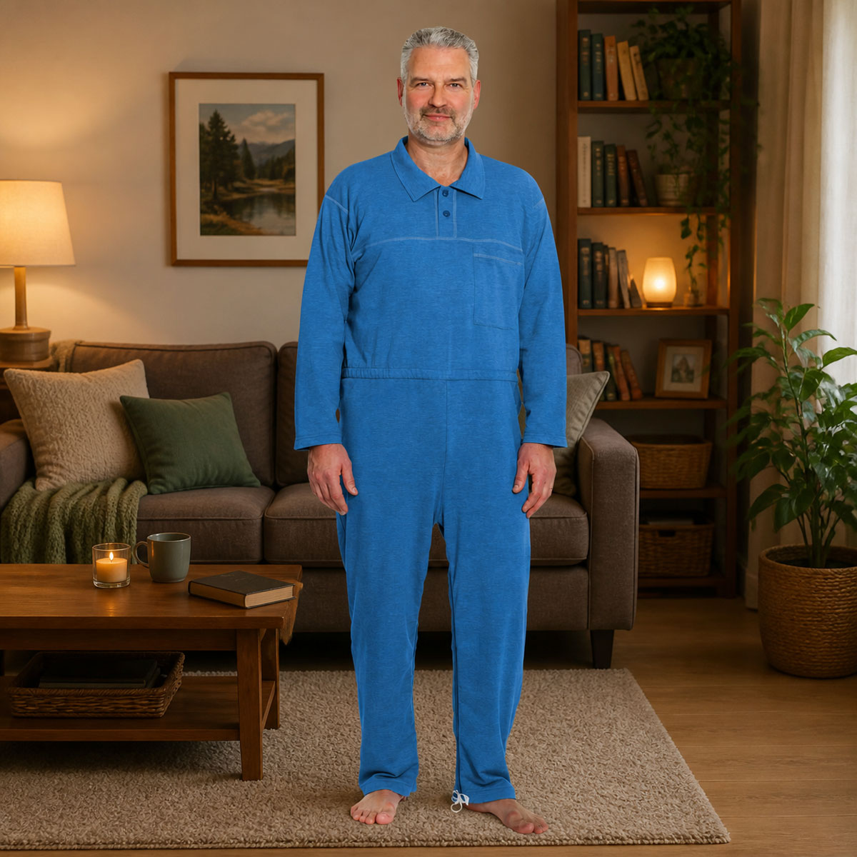 Ein Mann steht barfuß in einem blauen Overall im Wohnzimmer. Der Raum ist gemütlich eingerichtet mit einem Sofa, Kissen, einem Tisch mit Kerze und einer Pflanzen-Ecke.