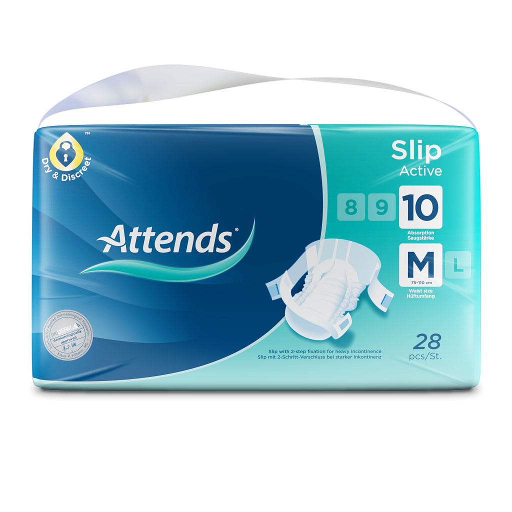 ATTENDS Slip Active 10 - Medium (M) Inkontinenzwindeln 112 (4x28) Stück ATTENDS Slip Active 10 - Medium (M) Inkontinenzwindeln 112 (4x28) Stück