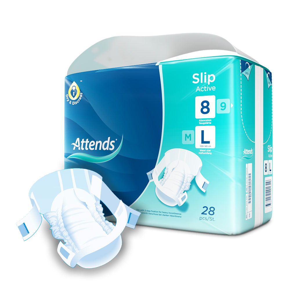ATTENDS Slip Active 8 - Large (L) Inkontinenzwindeln 112 (4x28) Stück ATTENDS Slip Active 8 - Large (L) Inkontinenzwindeln 112 (4x28) Stück